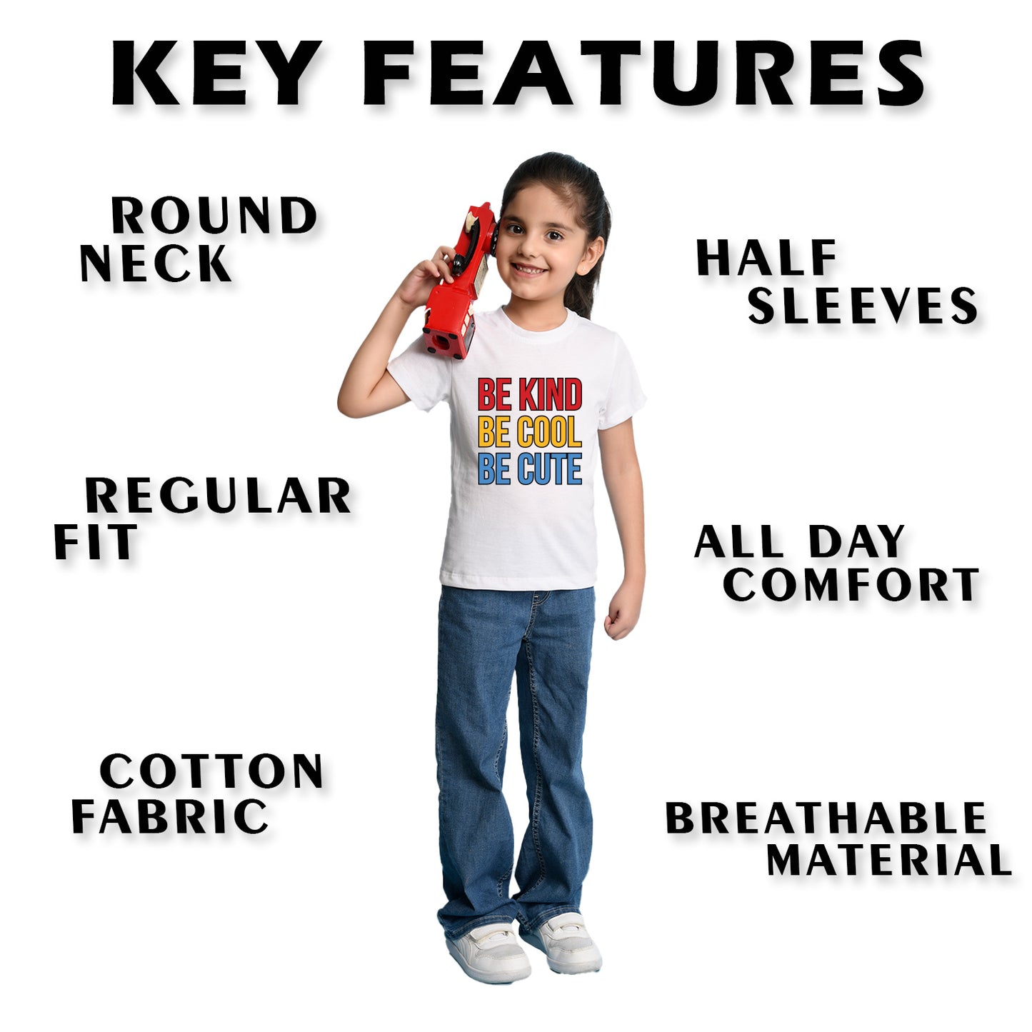 Nusyl Girl's White Be Kind Be Cool Be Cute Text Printed Regular Fit T-Shirt