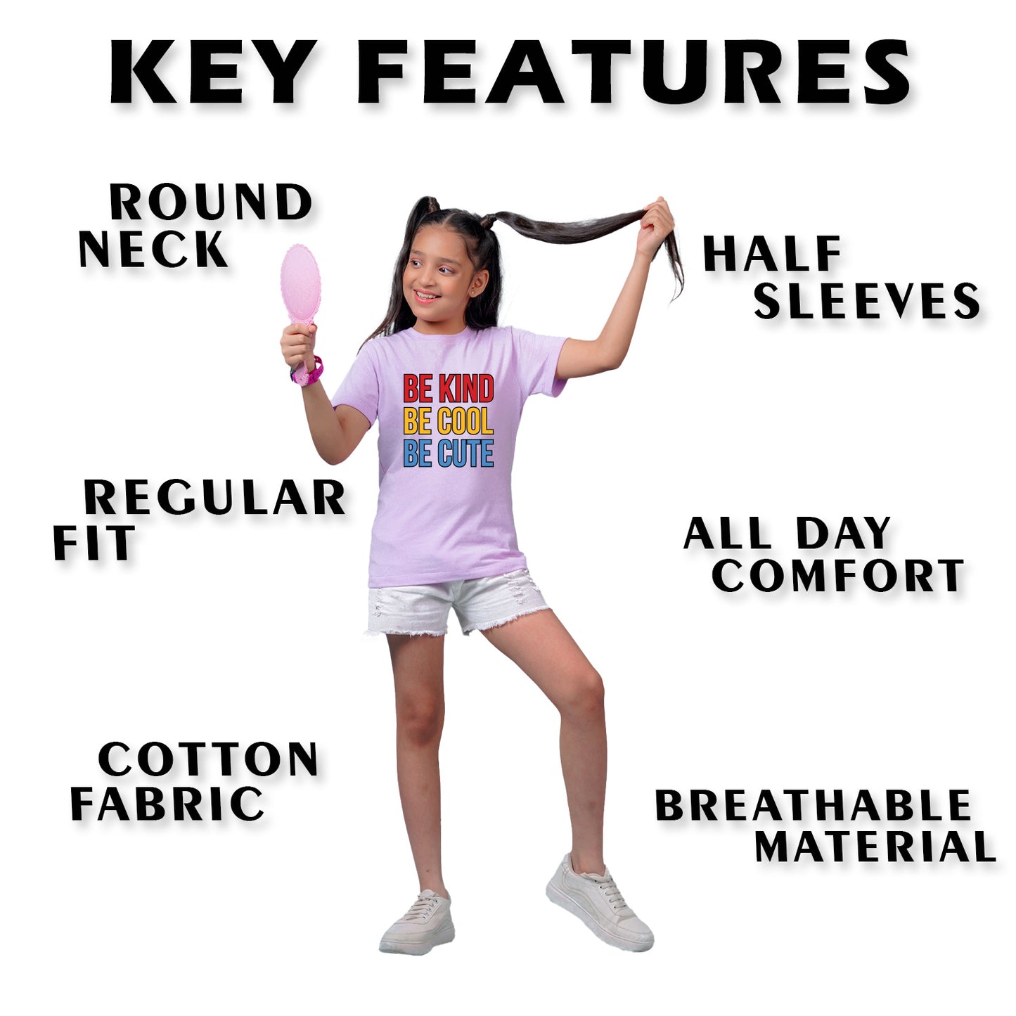 Nusyl Girl's Lilac Be Kind Be Cool Be Cute Text Printed Regular Fit T-Shirt