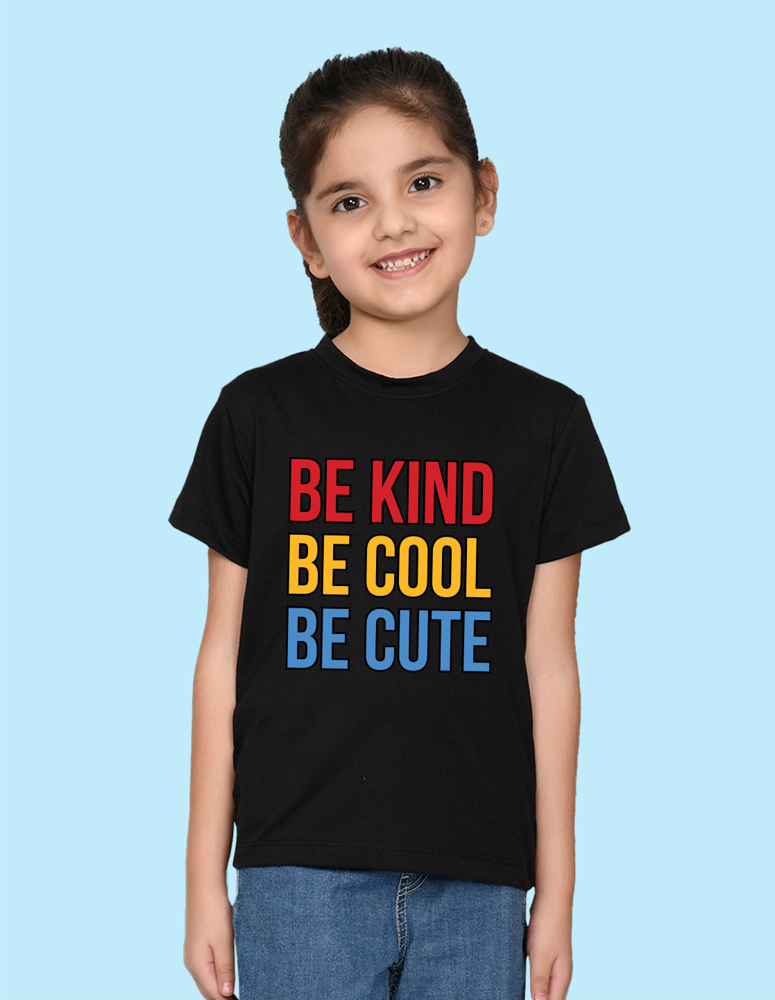 Nusyl Girl's Black Be Kind Be Cool Be Cute Text Printed Regular Fit T-Shirt