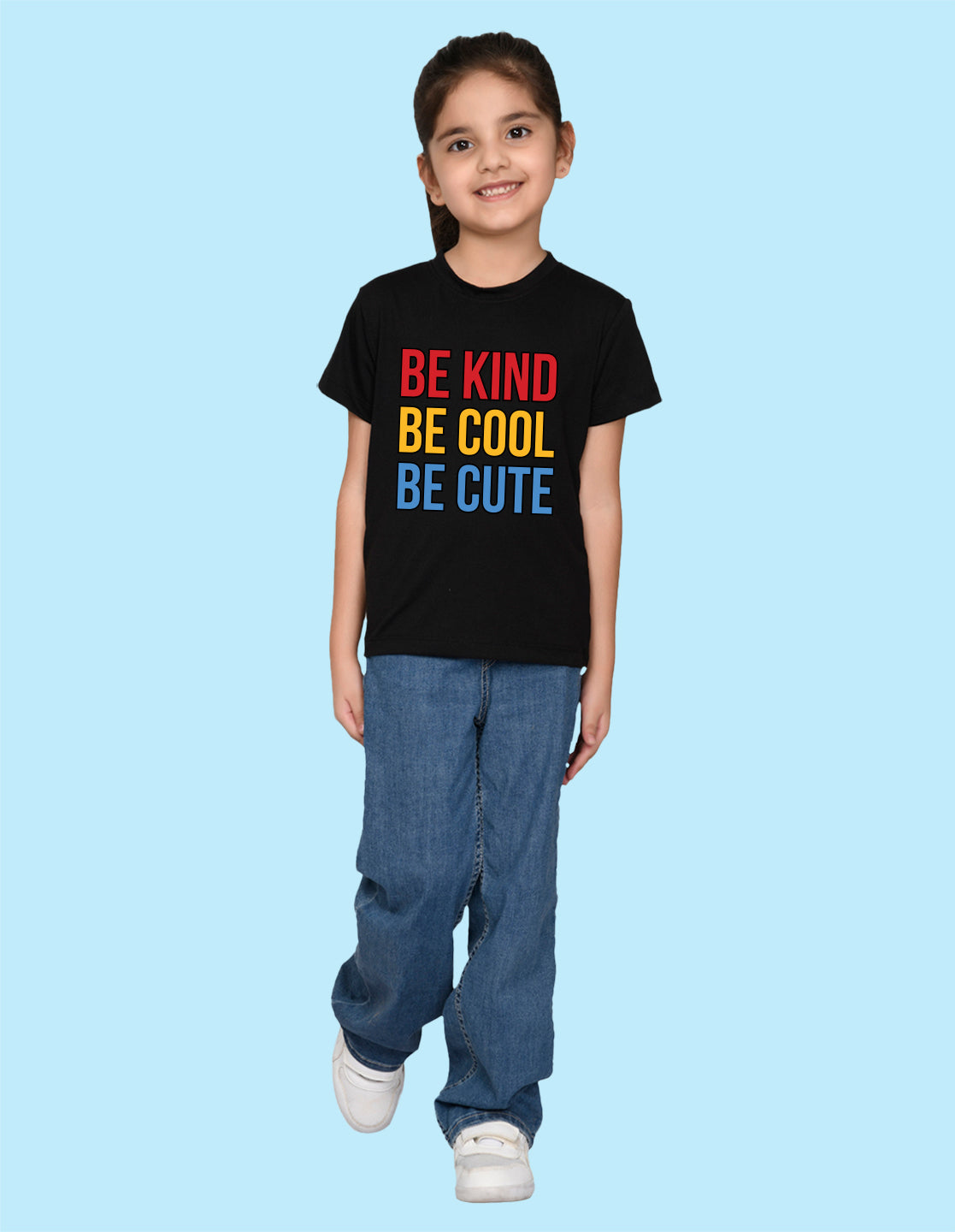 Nusyl Girl's Black Be Kind Be Cool Be Cute Text Printed Regular Fit T-Shirt