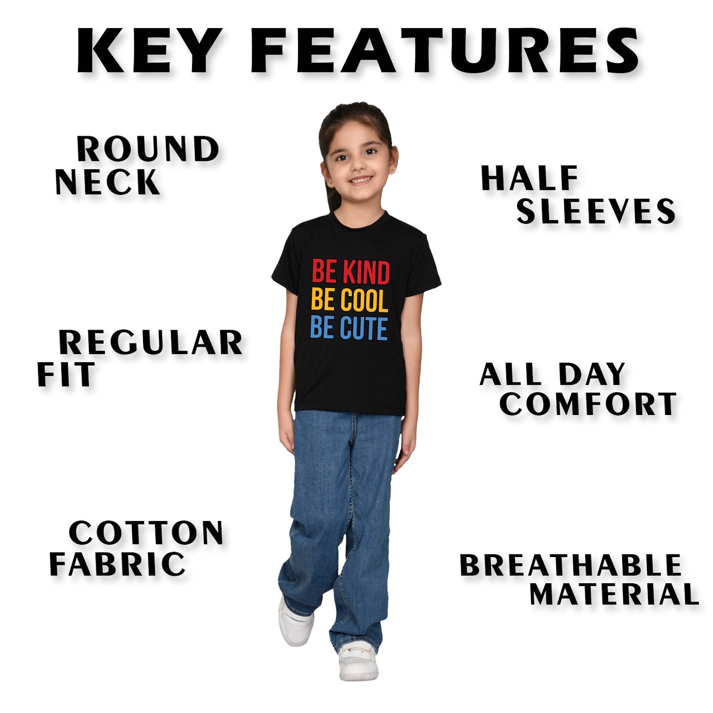 Nusyl Girl's Black Be Kind Be Cool Be Cute Text Printed Regular Fit T-Shirt