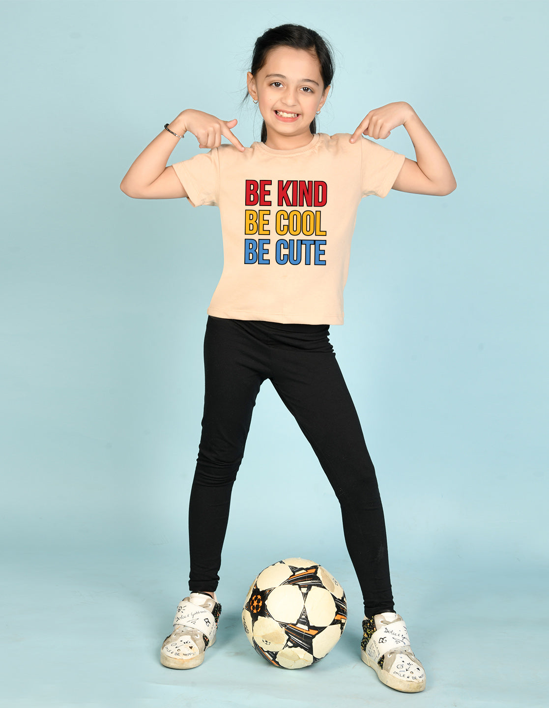 Nusyl Girl's Beige Be Kind Be Cool Be Cute Text Printed Regular Fit T-Shirt
