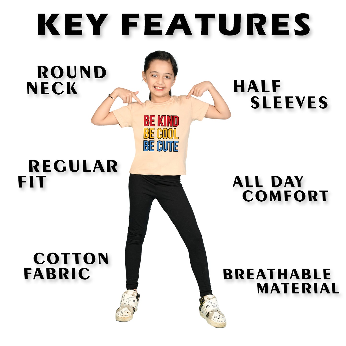 Nusyl Girl's Beige Be Kind Be Cool Be Cute Text Printed Regular Fit T-Shirt