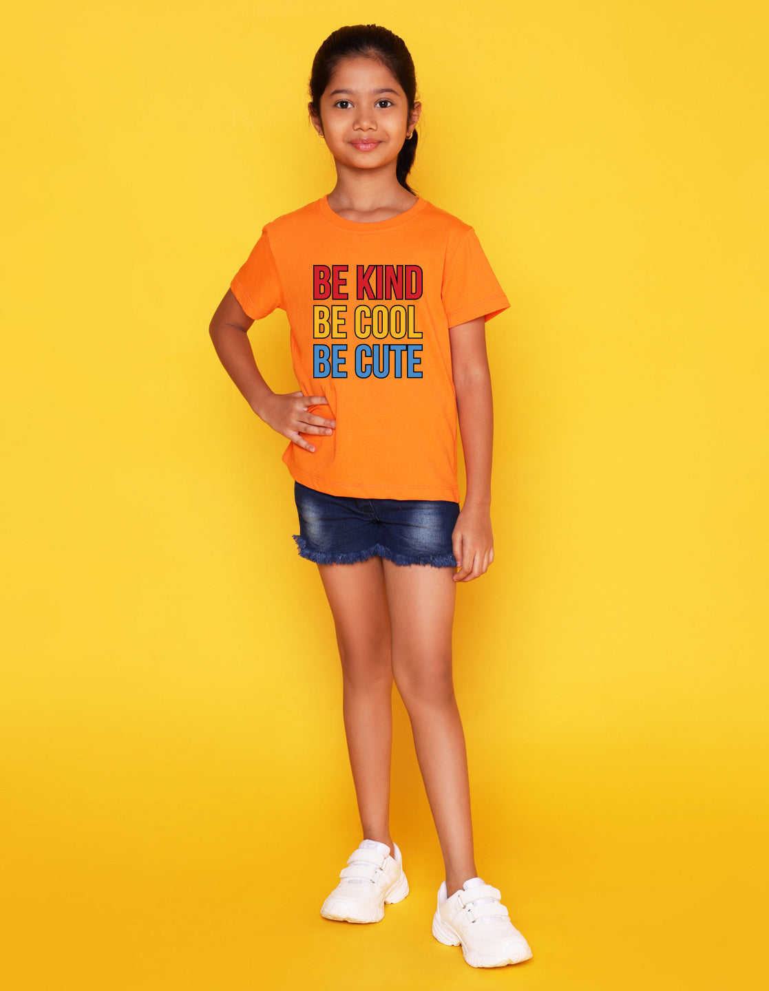 Nusyl Girl's Orange Be Kind Be Cool Be Cute Text Printed Regular Fit T-Shirt
