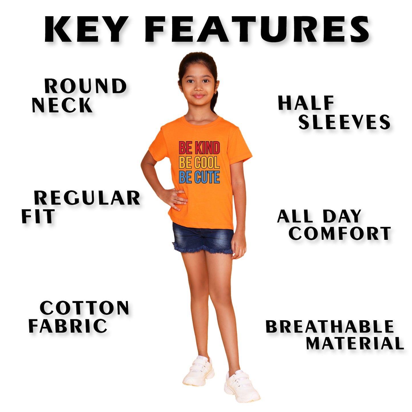 Nusyl Girl's Orange Be Kind Be Cool Be Cute Text Printed Regular Fit T-Shirt