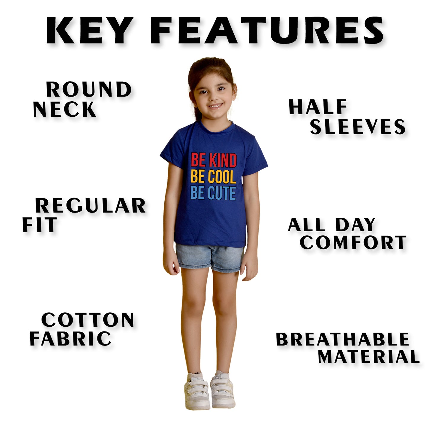 Nusyl Girl's Royal Blue Be Kind Be Cool Be Cute Text Printed Regular Fit T-Shirt