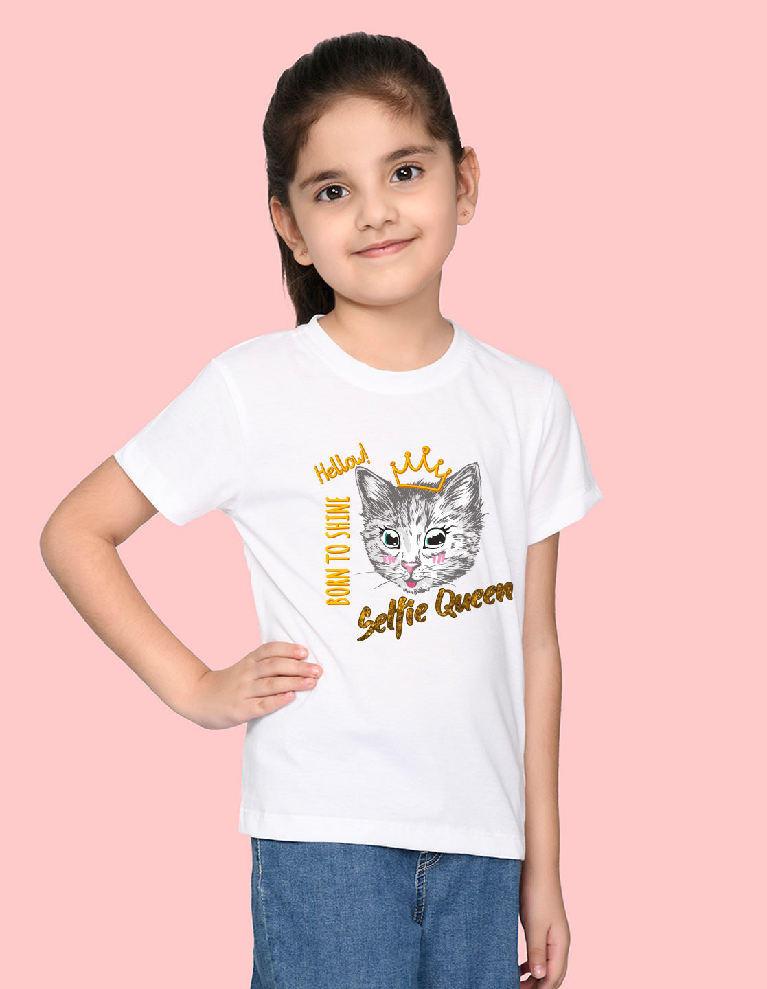 Nusyl Girl's White Cat Face & Selfie Queen Text Printed Regular Fit T-Shirt