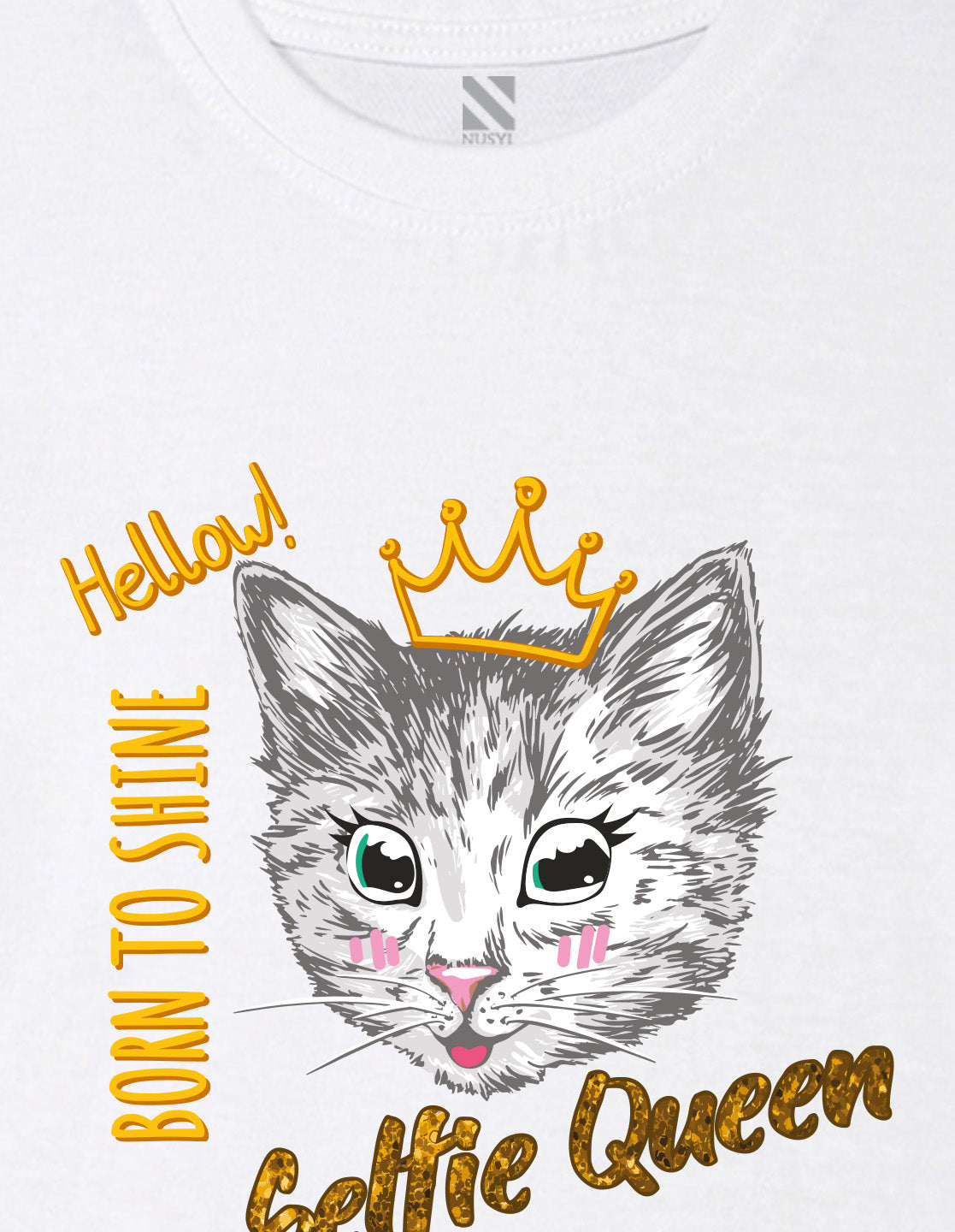 Nusyl Girl's White Cat Face & Selfie Queen Text Printed Regular Fit T-Shirt