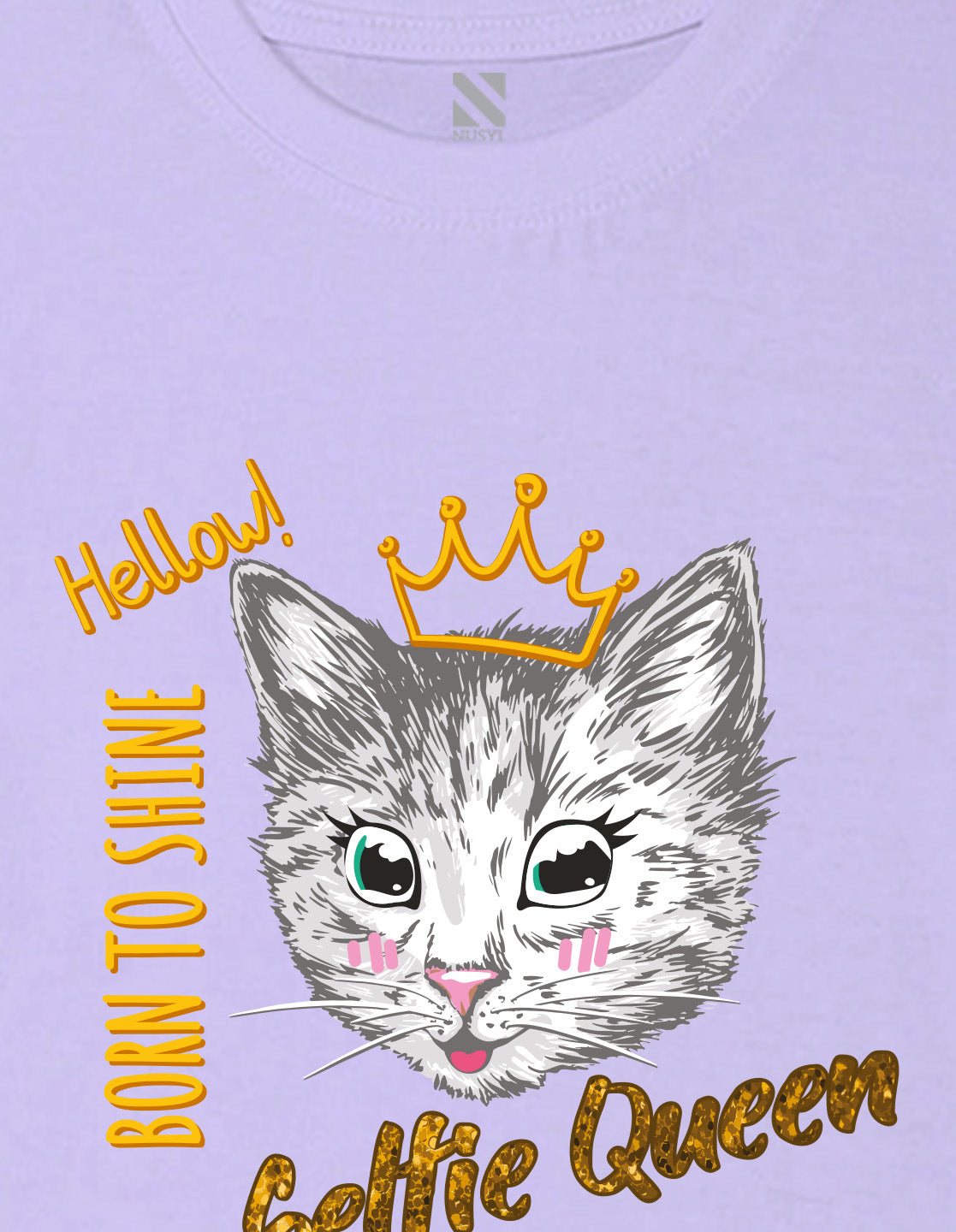 Nusyl Girl's Lilac Cat Face & Selfie Queen Text Printed Regular Fit T-Shirt