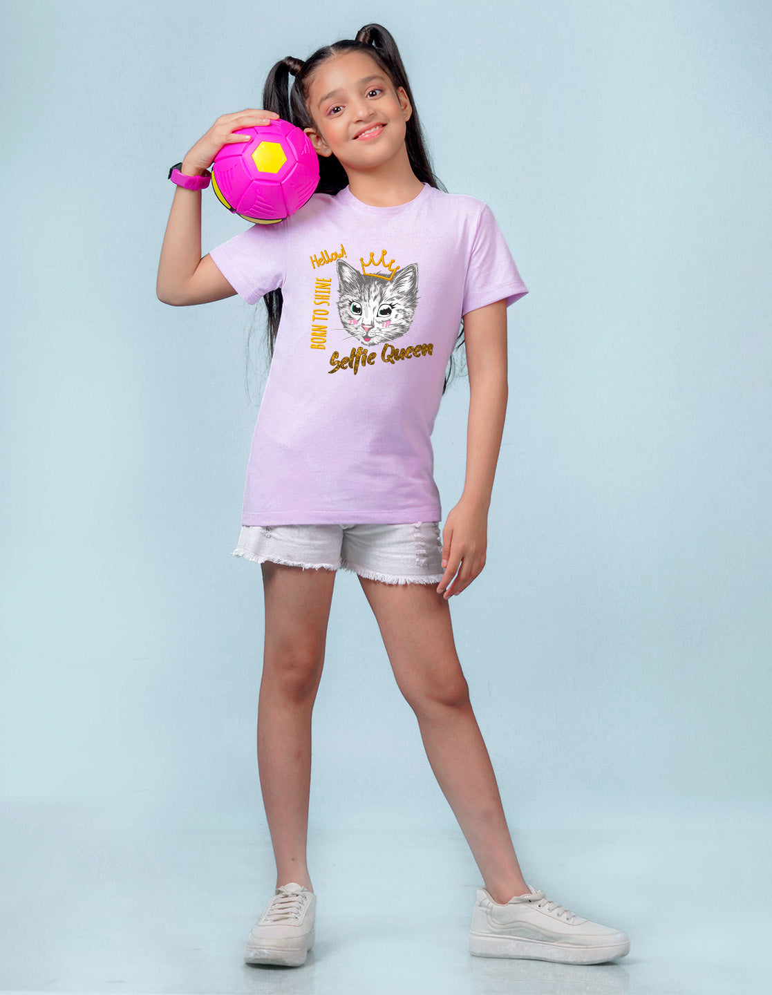 Nusyl Girl's Lilac Cat Face & Selfie Queen Text Printed Regular Fit T-Shirt