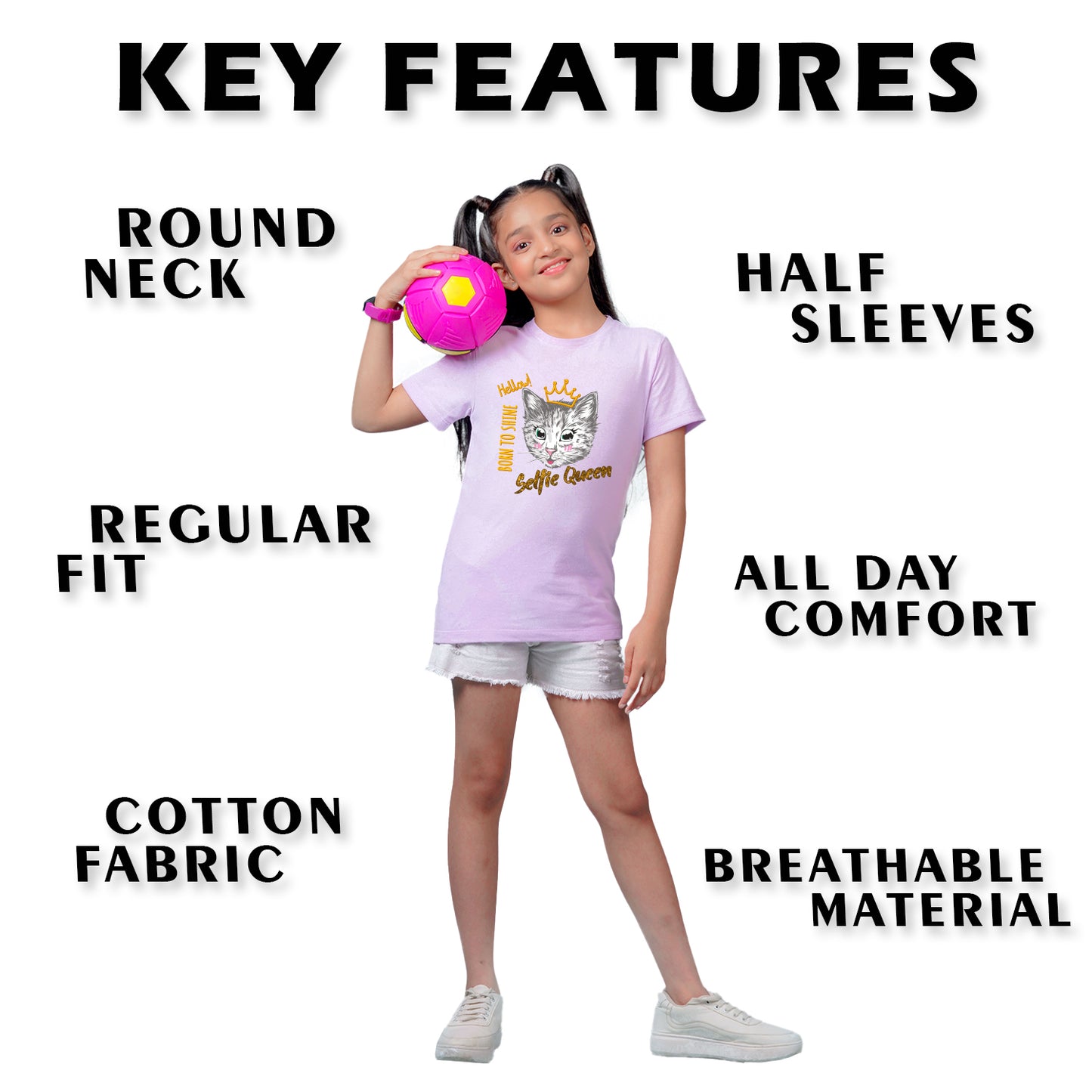 Nusyl Girl's Lilac Cat Face & Selfie Queen Text Printed Regular Fit T-Shirt