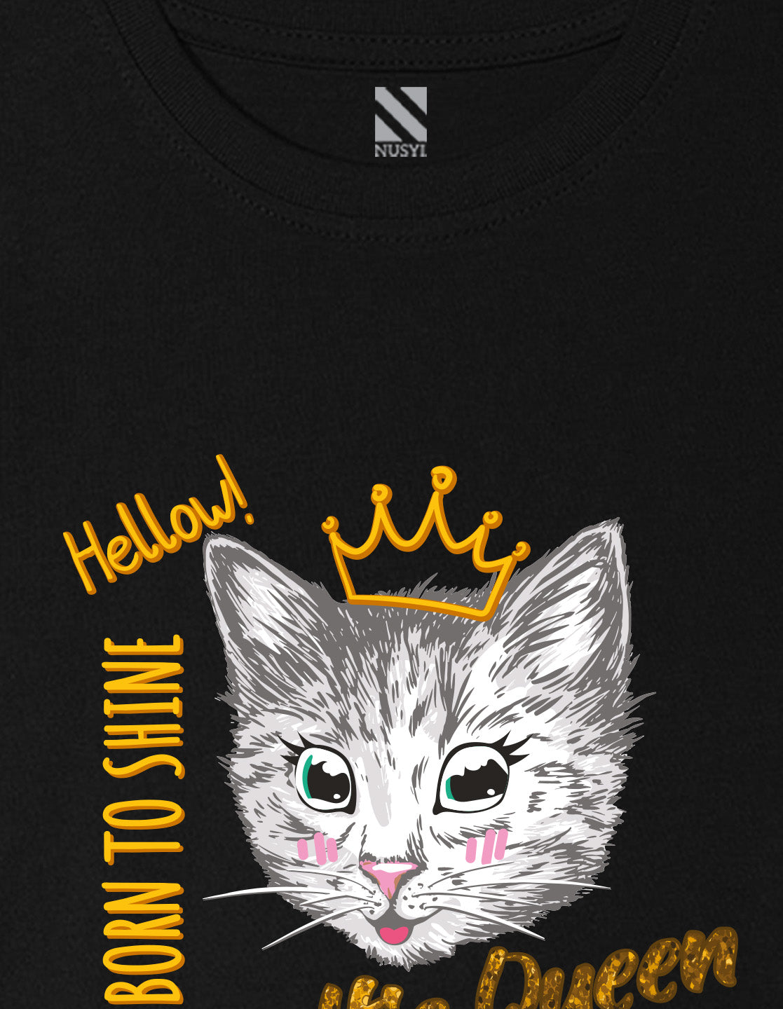 Nusyl Girl's Black Cat Face & Selfie Queen Text Printed Regular Fit T-Shirt