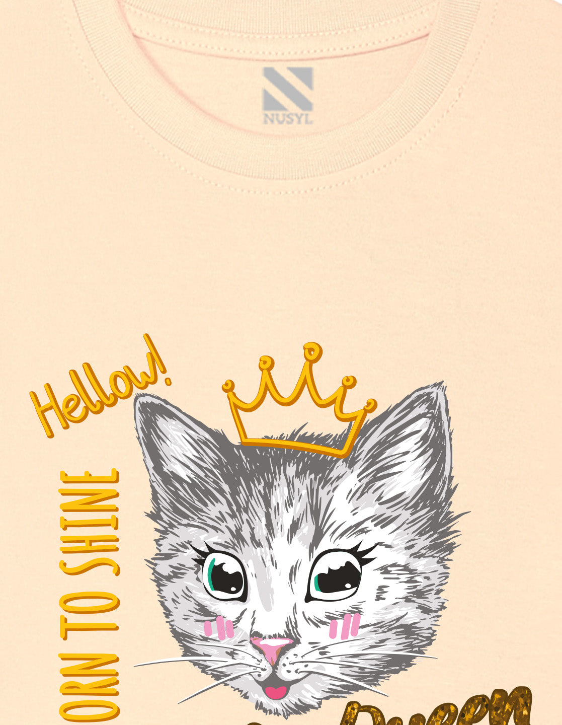 Nusyl Girl's Beige Cat Face & Selfie Queen Text Printed Regular Fit T-Shirt