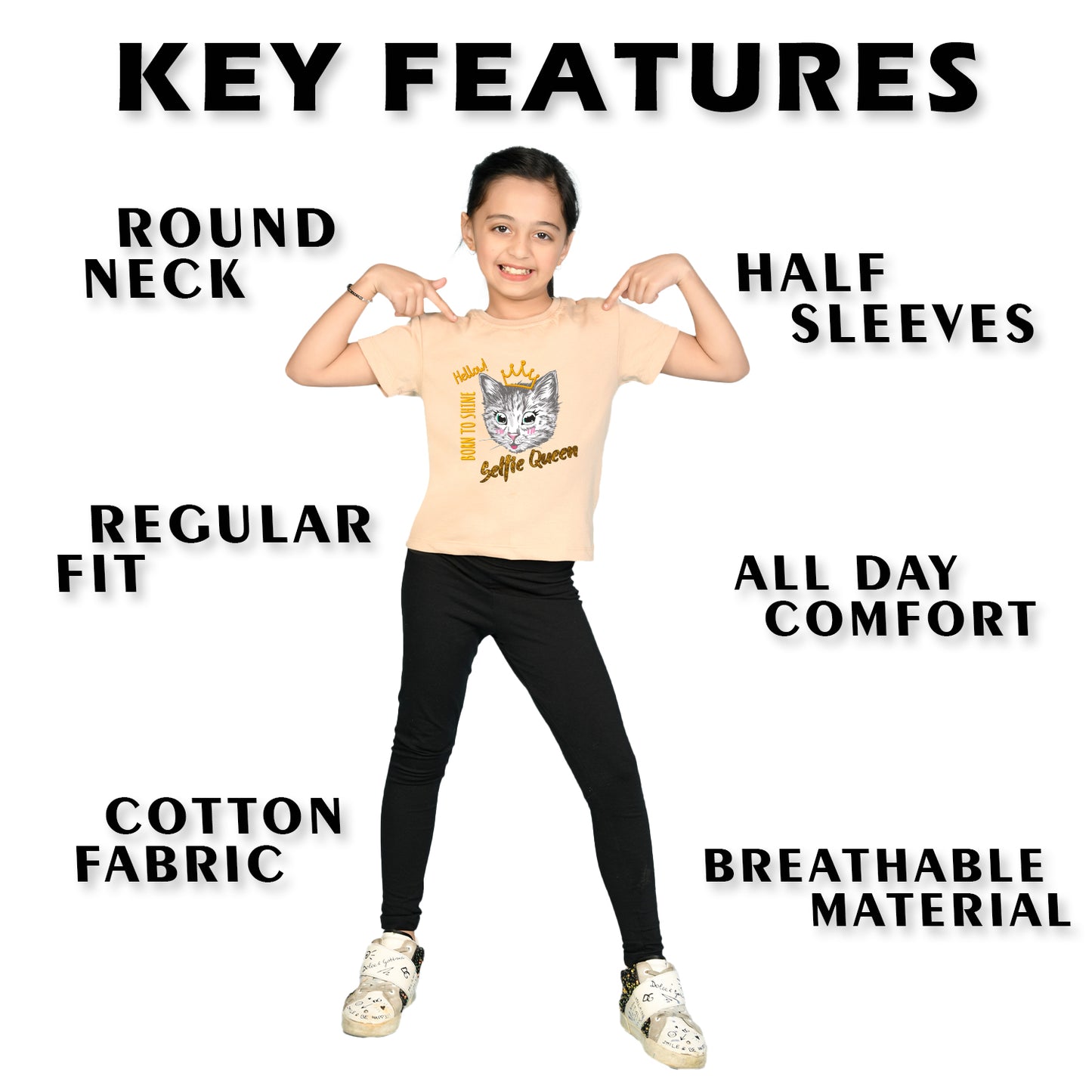 Nusyl Girl's Beige Cat Face & Selfie Queen Text Printed Regular Fit T-Shirt