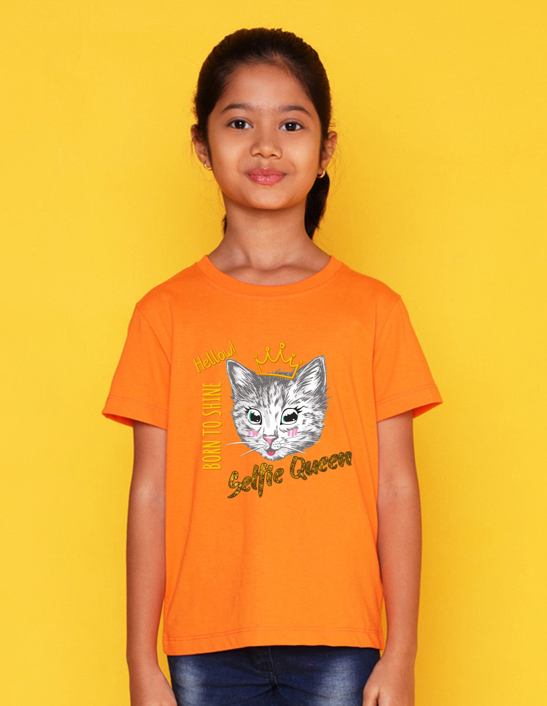 Nusyl Girl's Orange Cat Face & Selfie Queen Text Printed Regular Fit T-Shirt