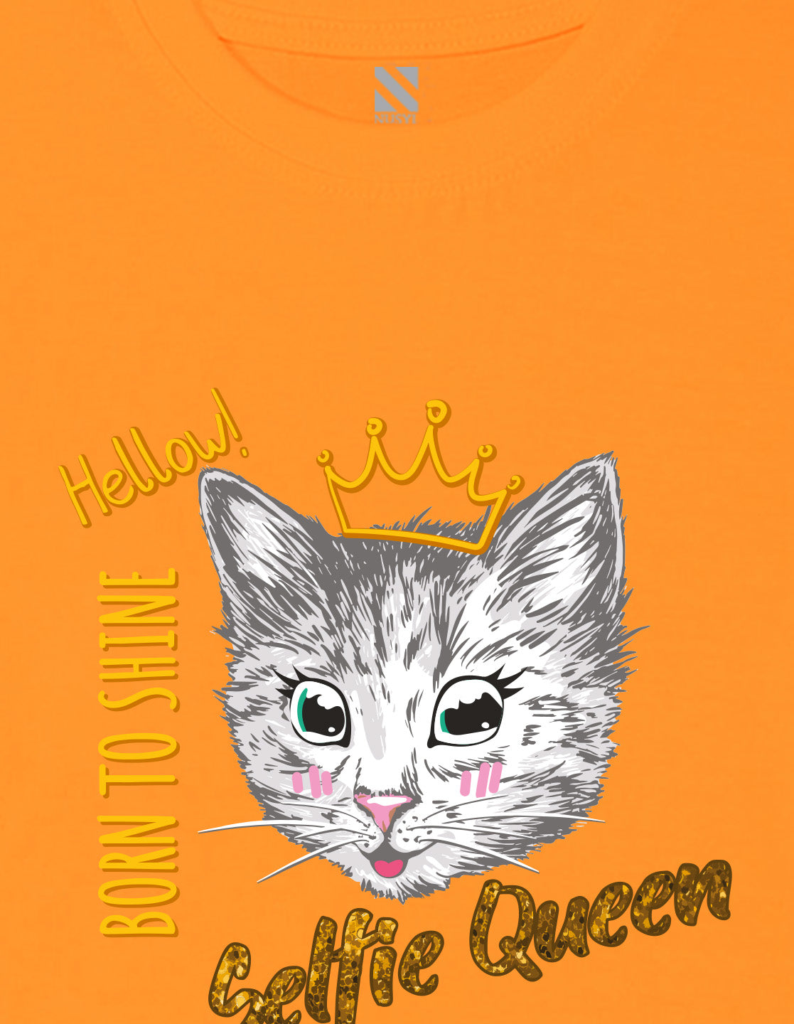 Nusyl Girl's Orange Cat Face & Selfie Queen Text Printed Regular Fit T-Shirt