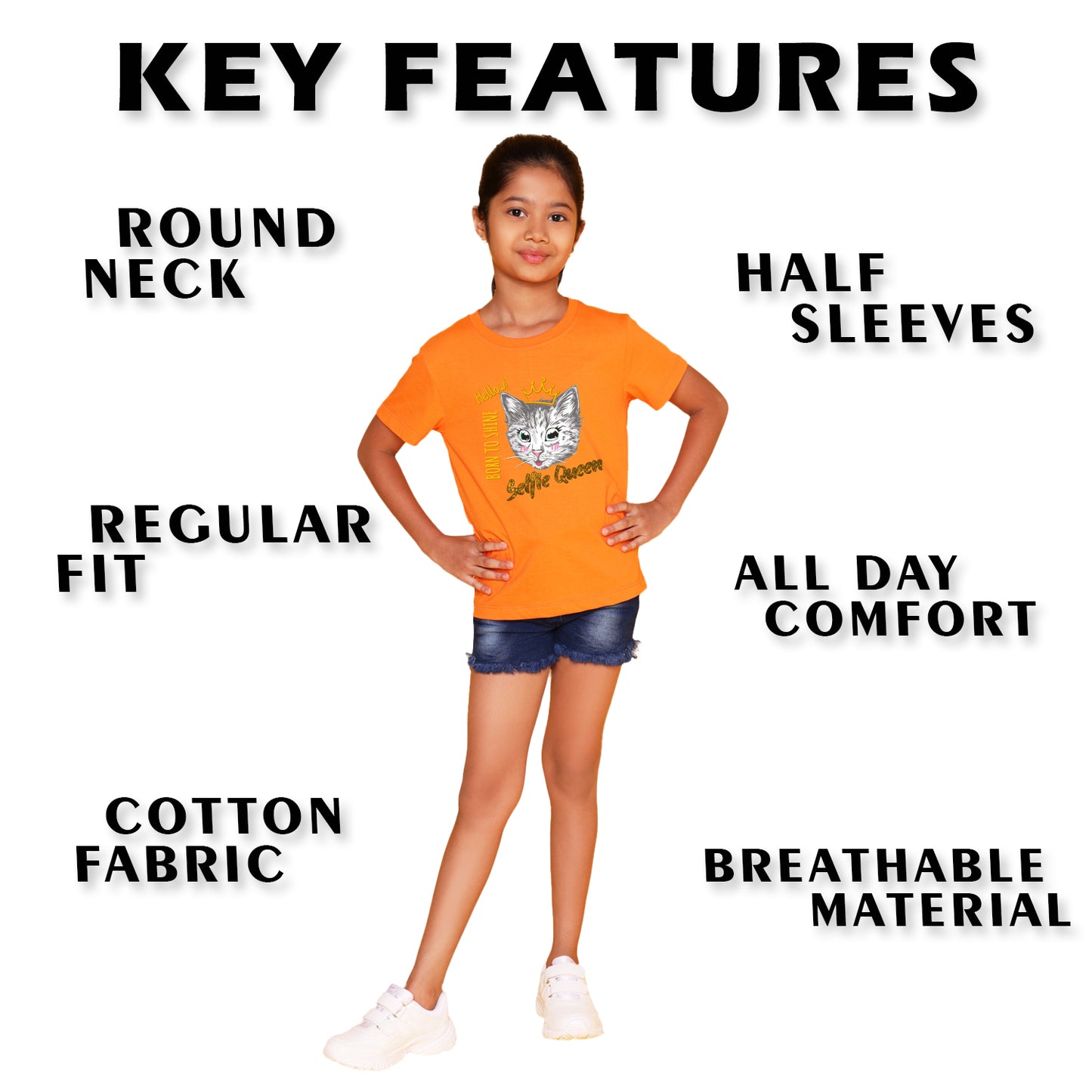 Nusyl Girl's Orange Cat Face & Selfie Queen Text Printed Regular Fit T-Shirt