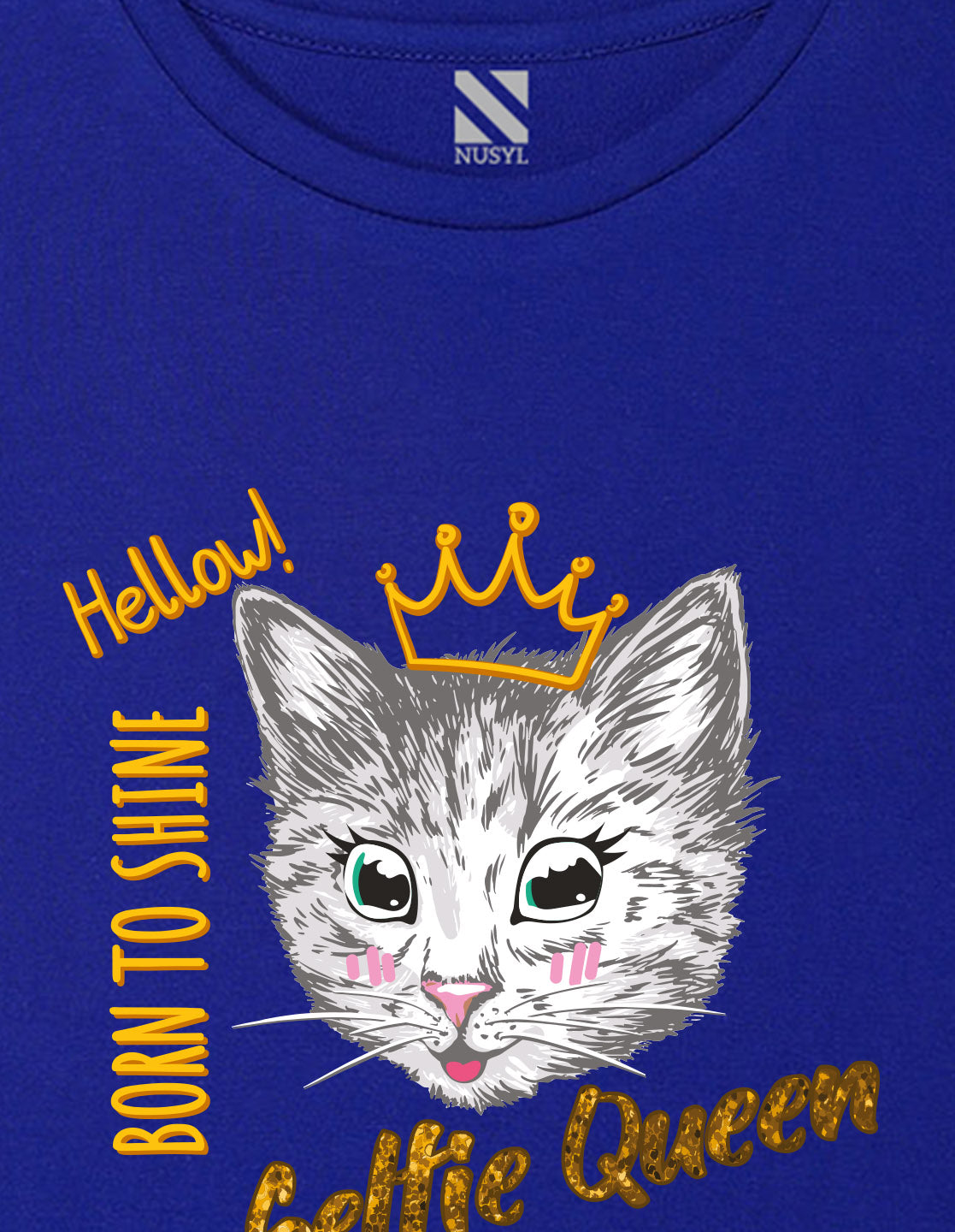 Nusyl Girl's Royal Blue Cat Face & Selfie Queen Text Printed Regular Fit T-Shirt