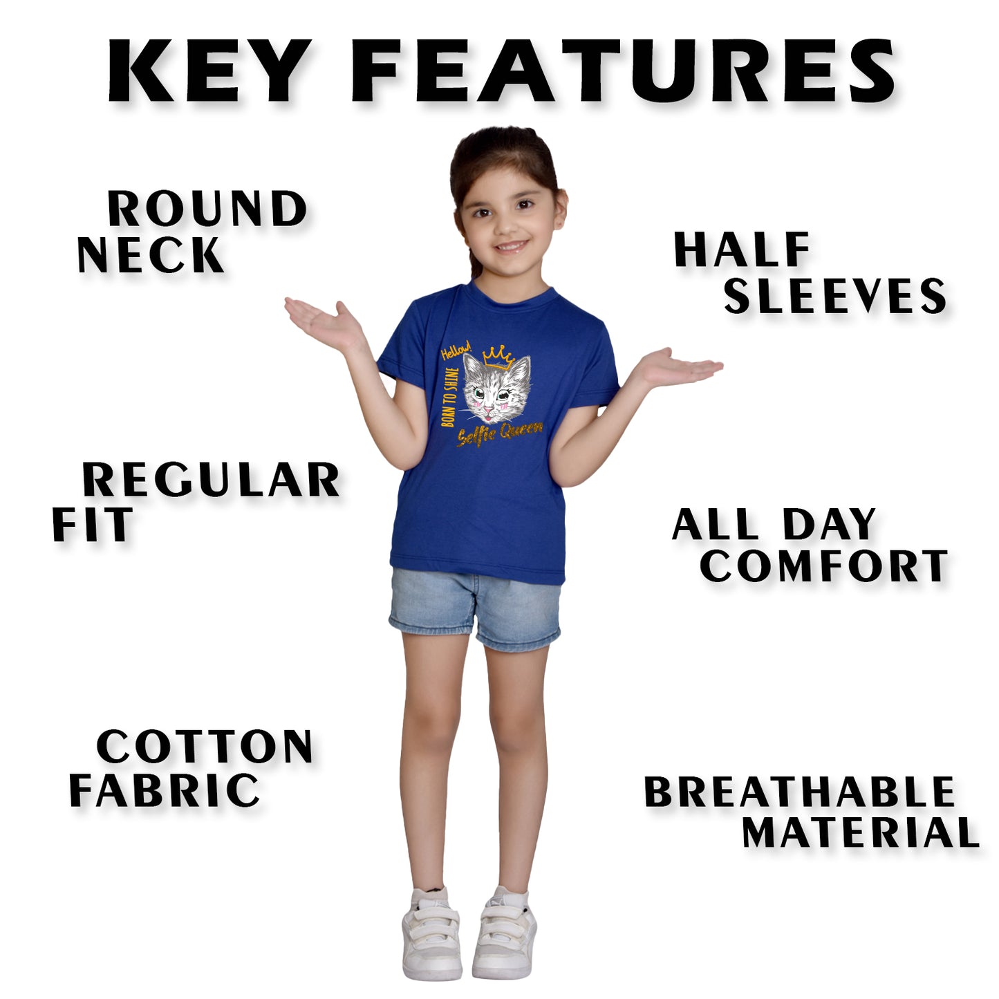 Nusyl Girl's Royal Blue Cat Face & Selfie Queen Text Printed Regular Fit T-Shirt