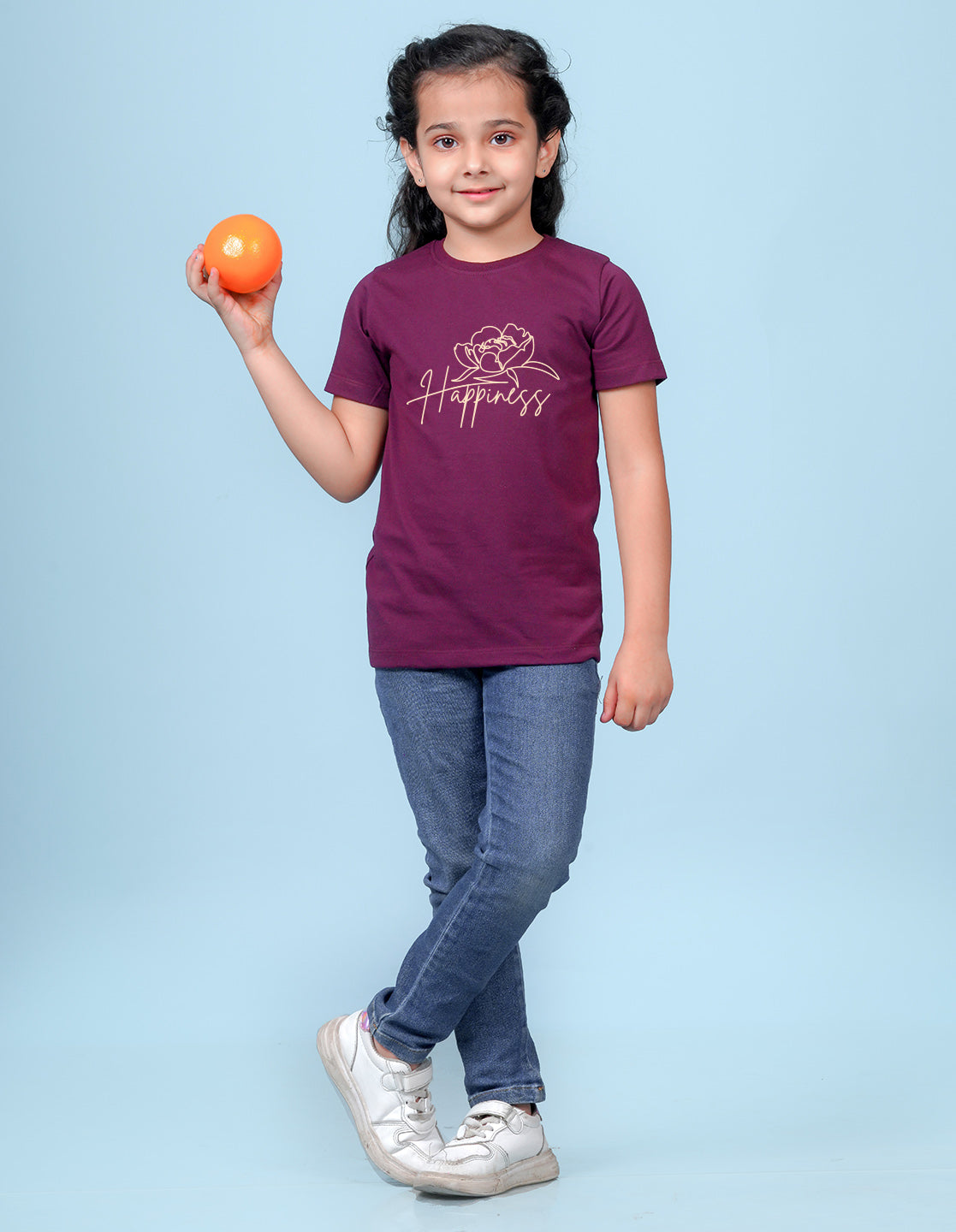 Nusyl Girl's Wine Happy Text Printed Regular Fit T-Shirt