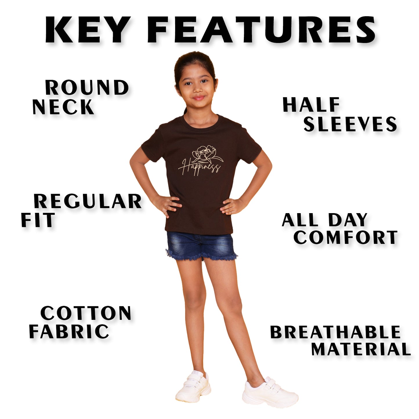 Nusyl Girl's Brown Happy Text Printed Regular Fit T-Shirt