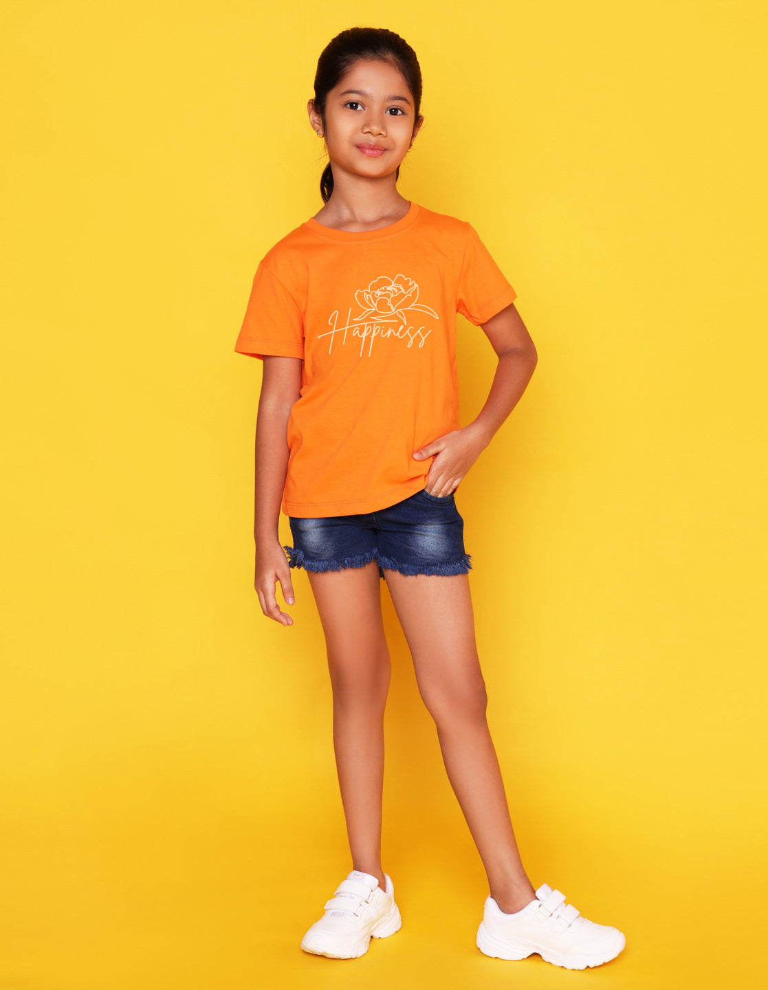 Nusyl Girl's Orange Happy Text Printed Regular Fit T-Shirt