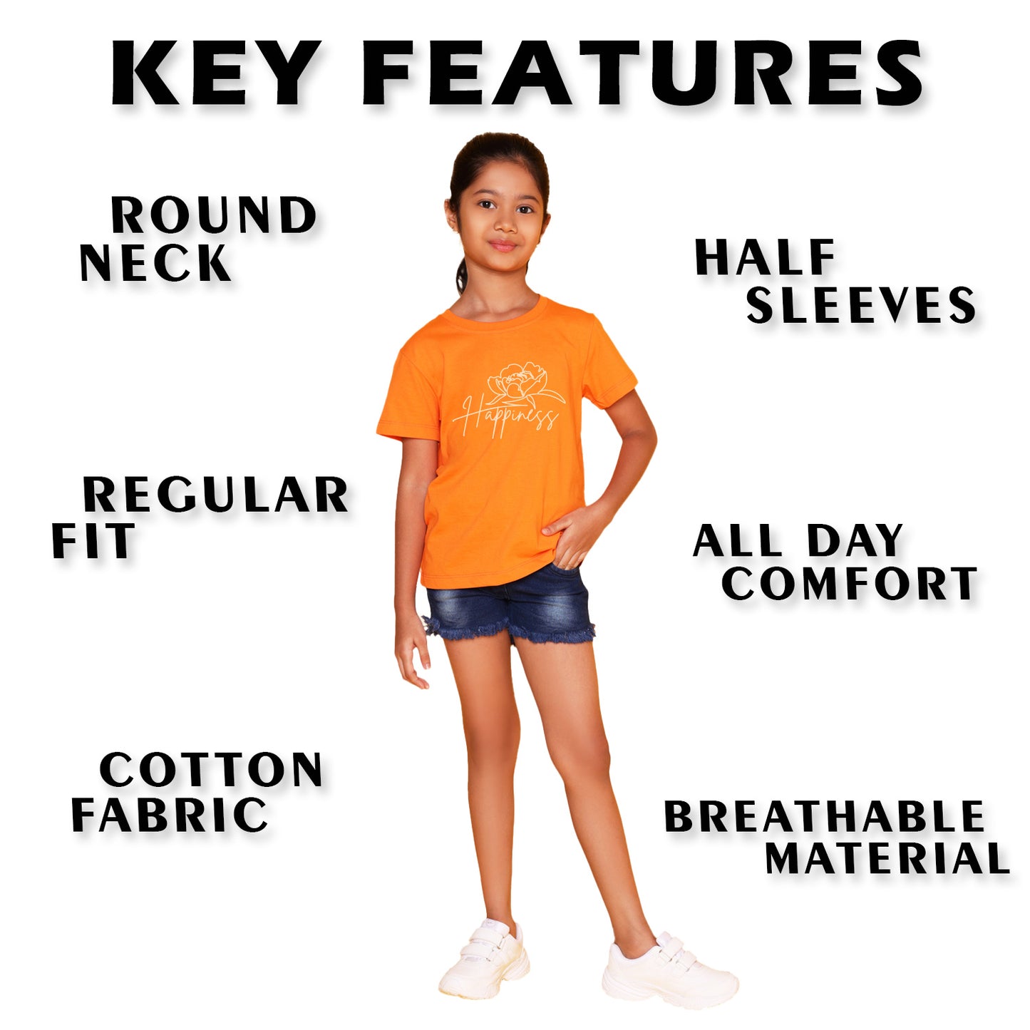 Nusyl Girl's Orange Happy Text Printed Regular Fit T-Shirt