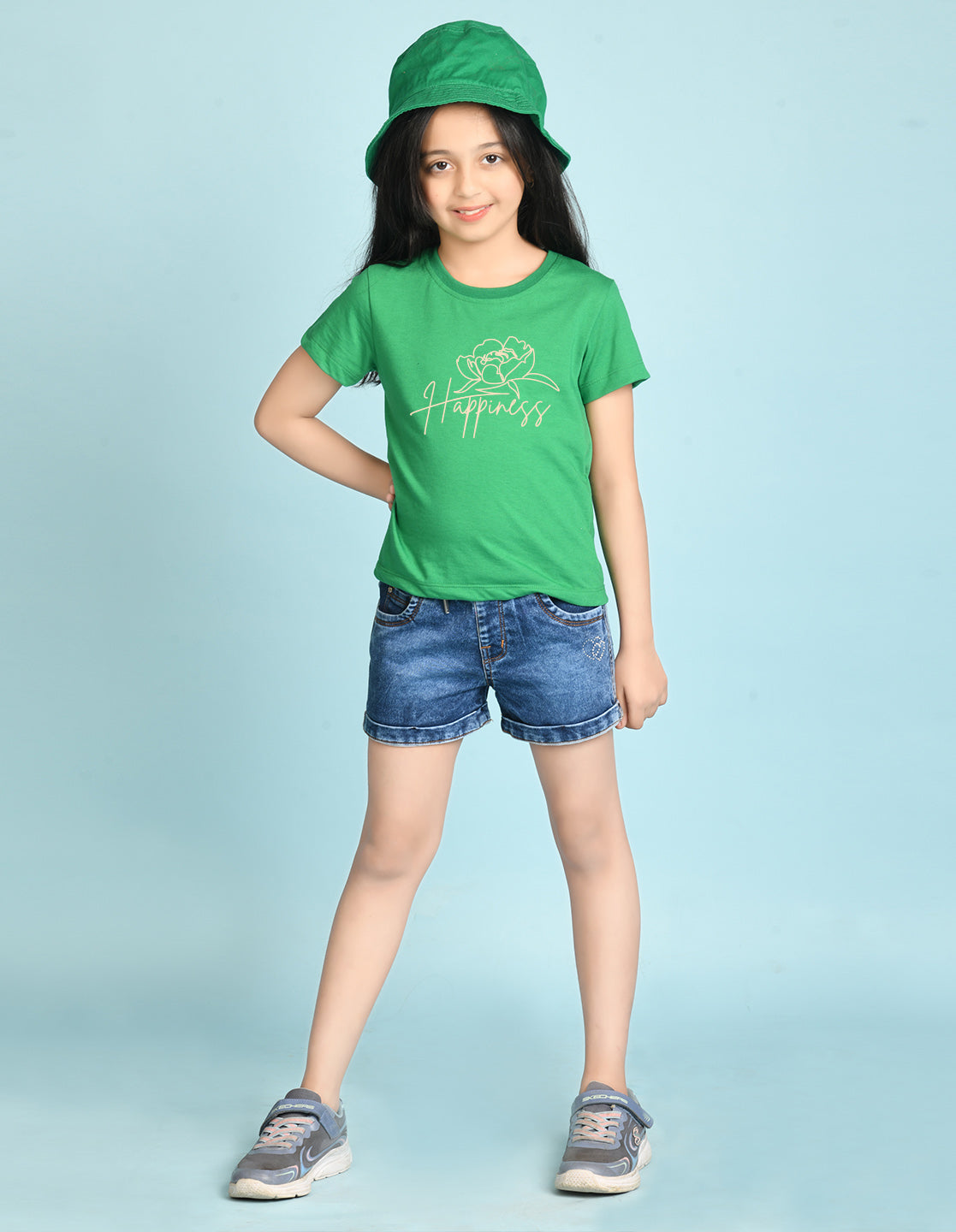 Nusyl Girl's Green Happy Text Printed Regular Fit T-Shirt