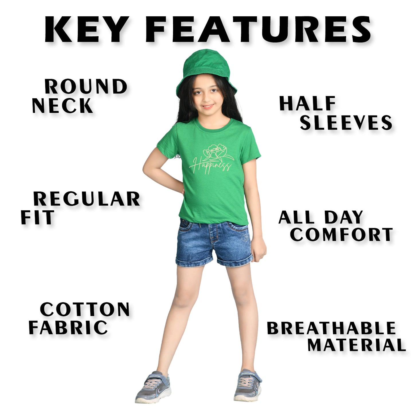 Nusyl Girl's Green Happy Text Printed Regular Fit T-Shirt