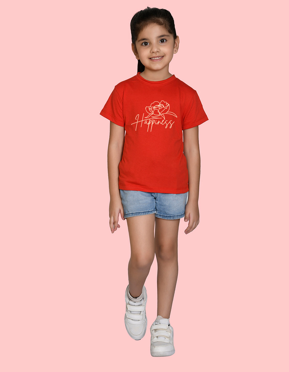 Nusyl Girl's Red Happy Text Printed Regular Fit T-Shirt