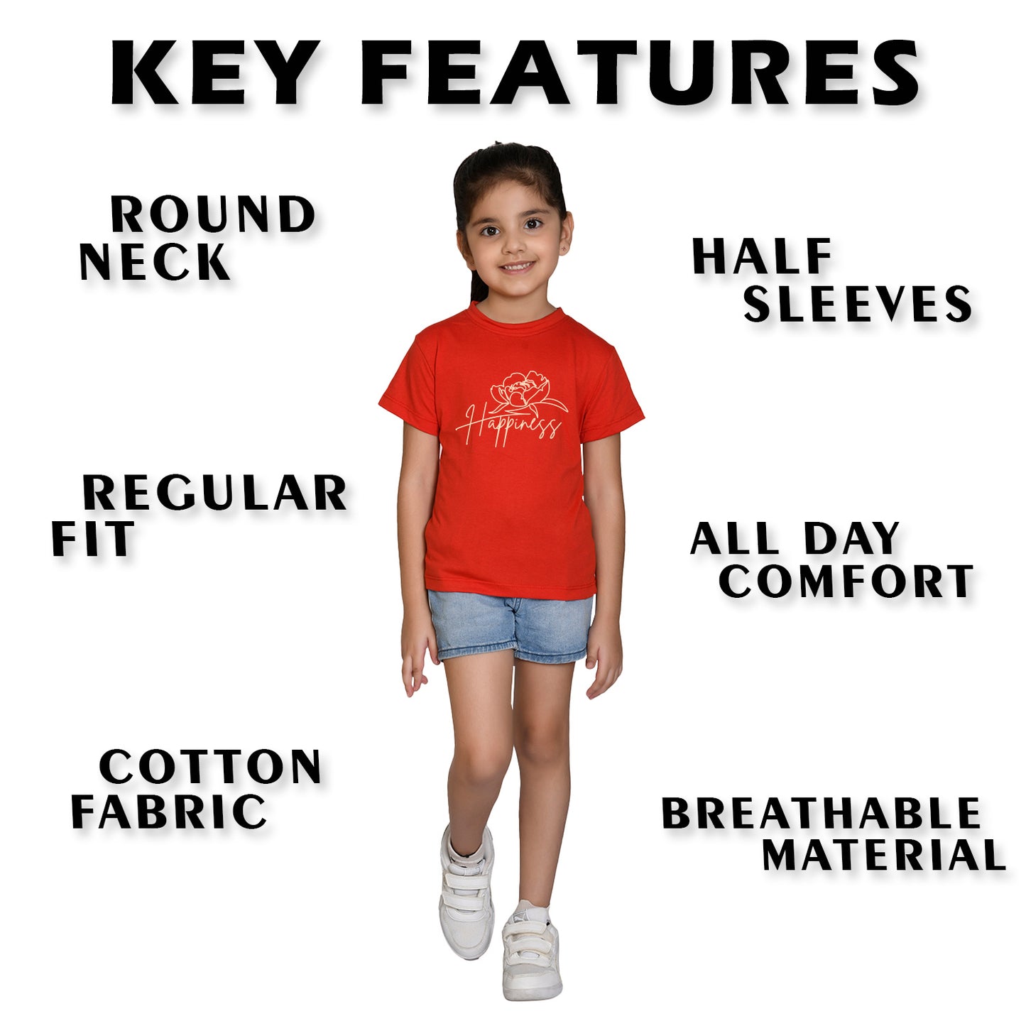 Nusyl Girl's Red Happy Text Printed Regular Fit T-Shirt