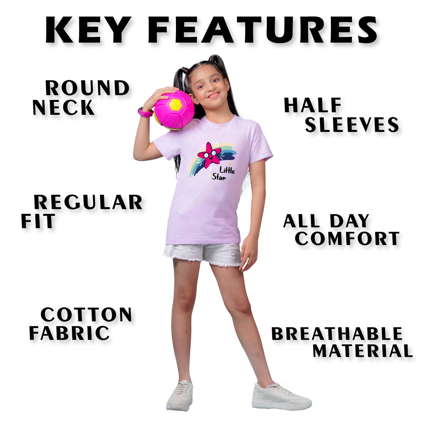 Nusyl Girl's Lilac Little Star Text Printed Regular Fit T-Shirt