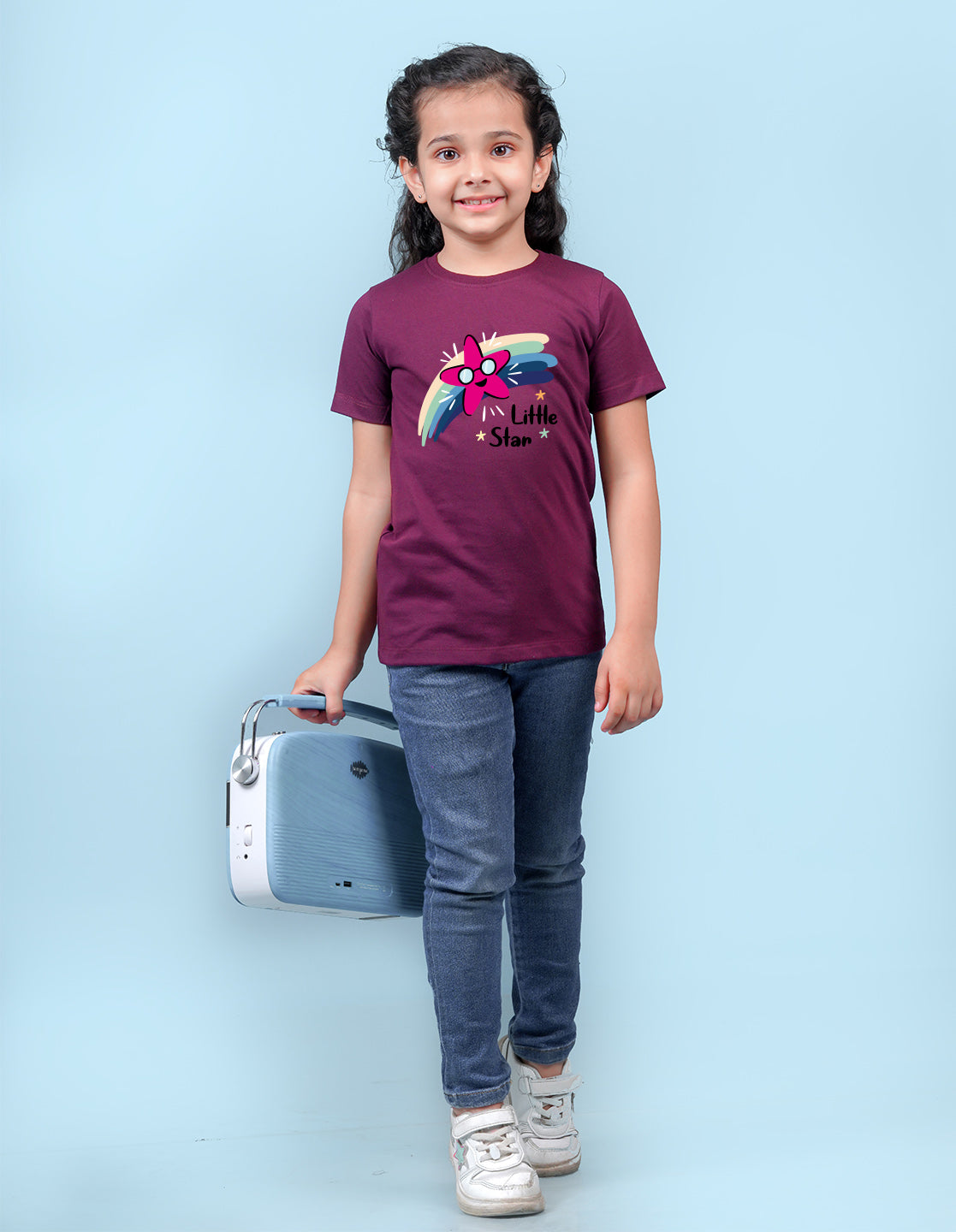 Nusyl Girl's Wine Little Star Text Printed Regular Fit T-Shirt