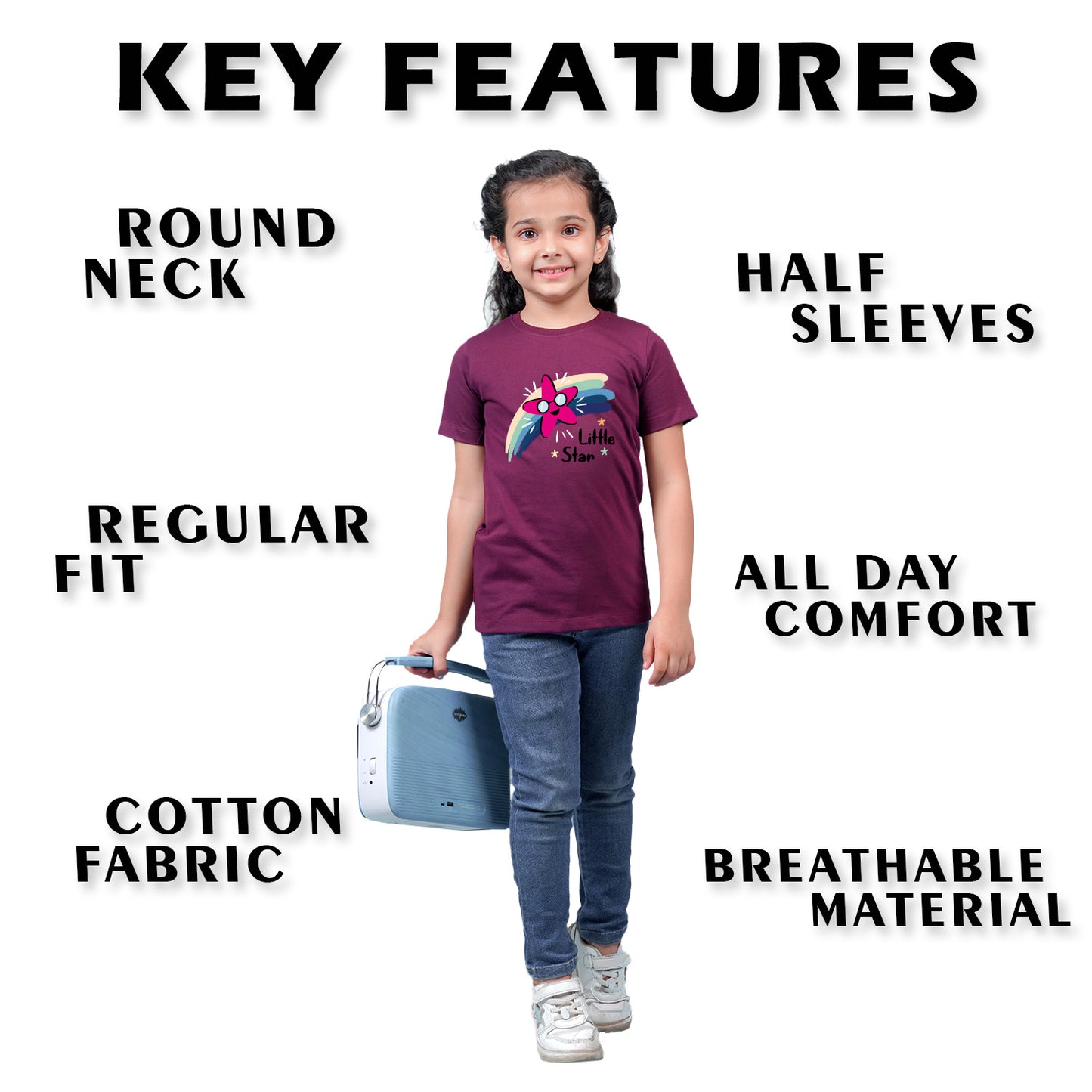 Nusyl Girl's Wine Little Star Text Printed Regular Fit T-Shirt