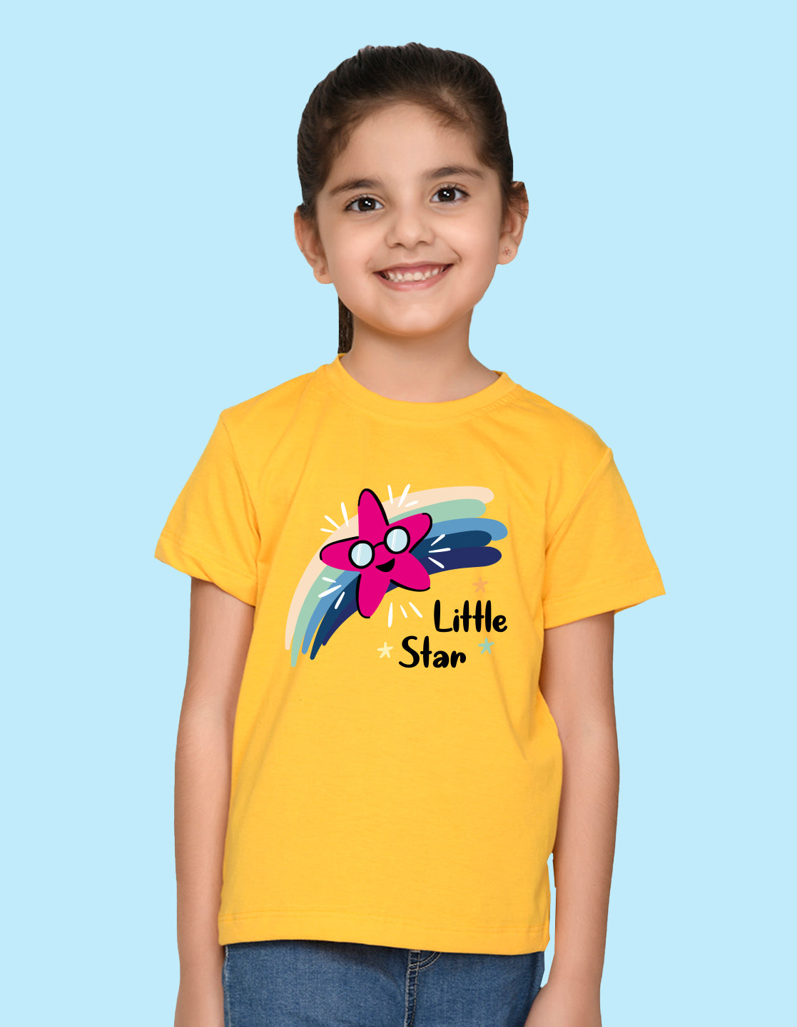 Nusyl Girl's Yellow Little Star Text Printed Regular Fit T-Shirt