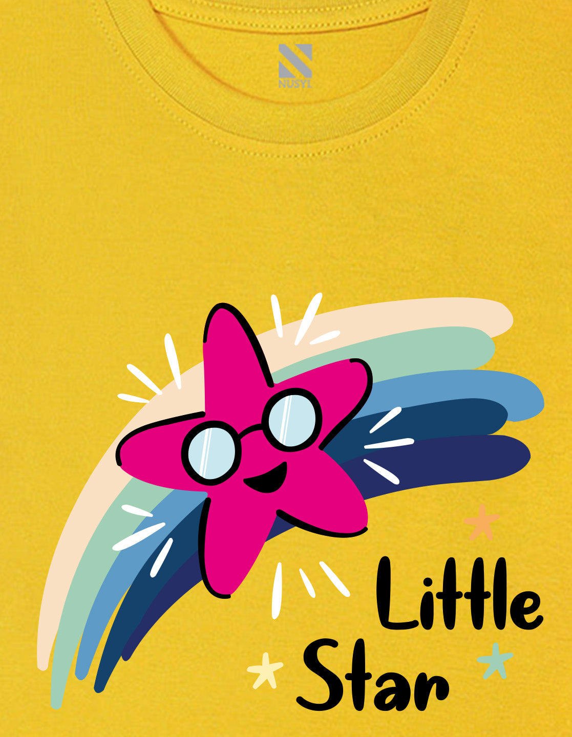 Nusyl Girl's Yellow Little Star Text Printed Regular Fit T-Shirt