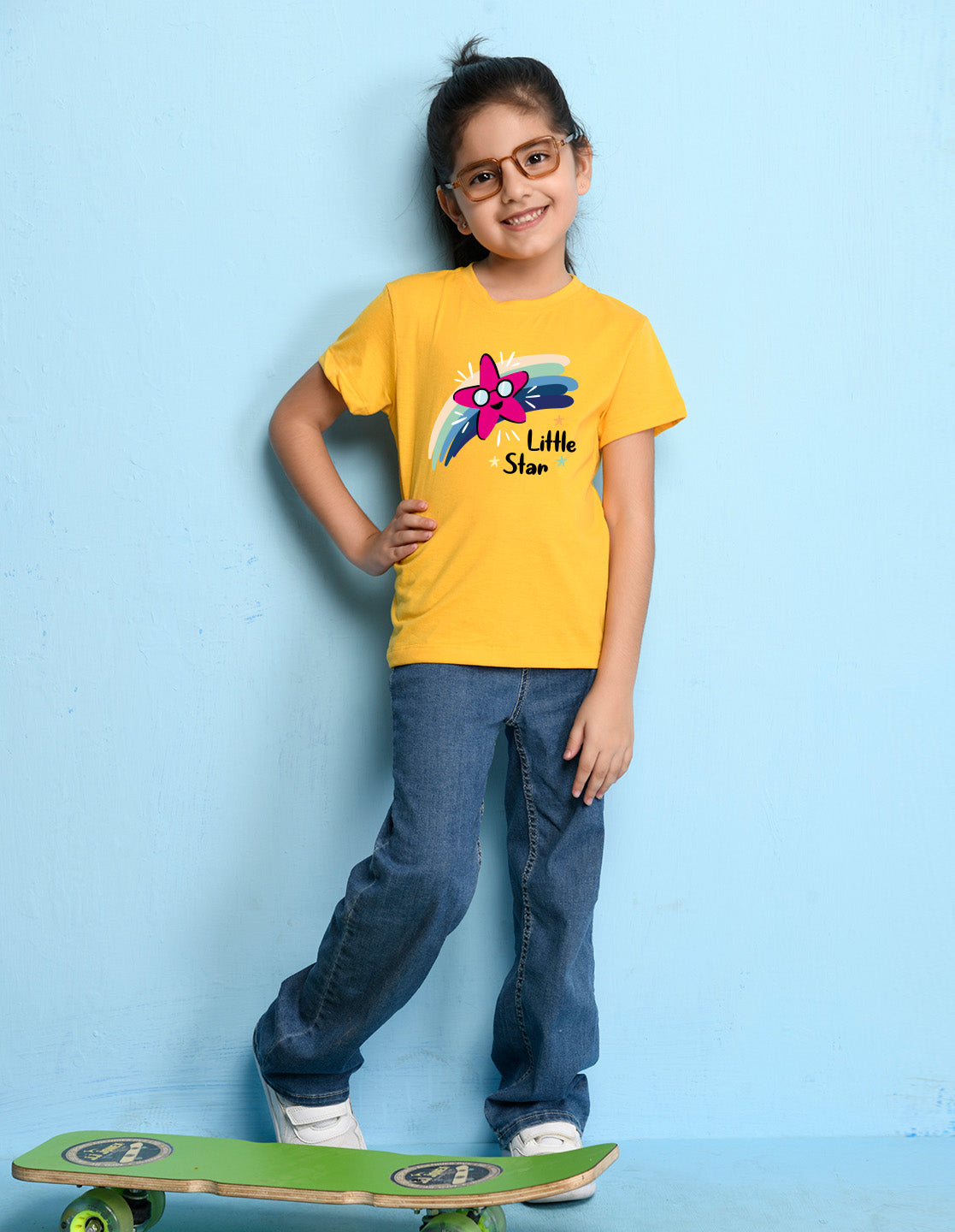 Nusyl Girl's Yellow Little Star Text Printed Regular Fit T-Shirt