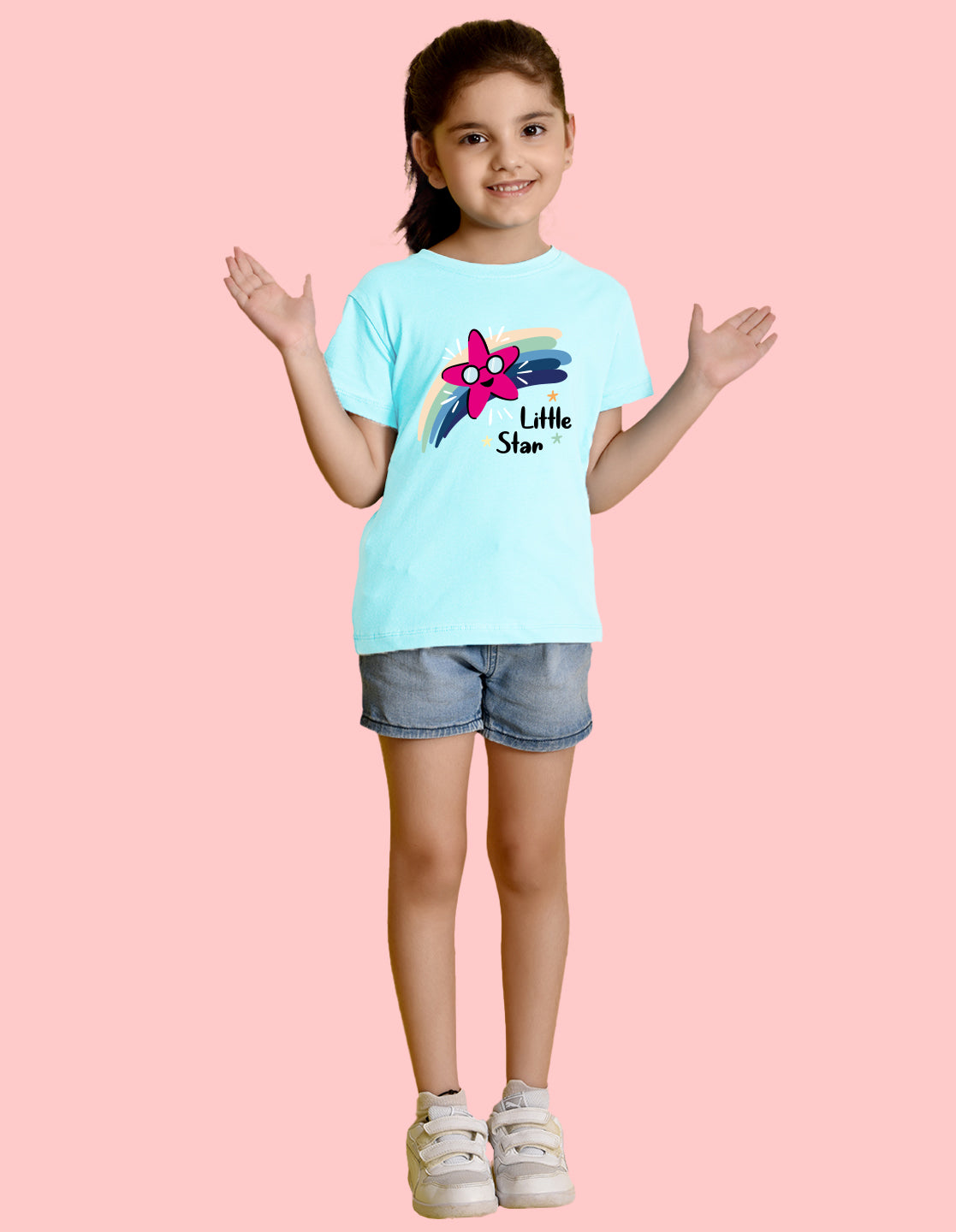 Nusyl Girl's Sky Blue Little Star Text Printed Regular Fit T-Shirt