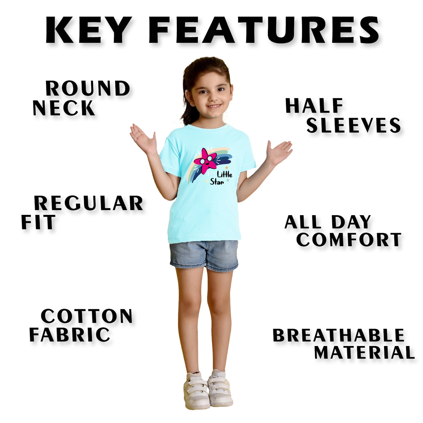 Nusyl Girl's Sky Blue Little Star Text Printed Regular Fit T-Shirt