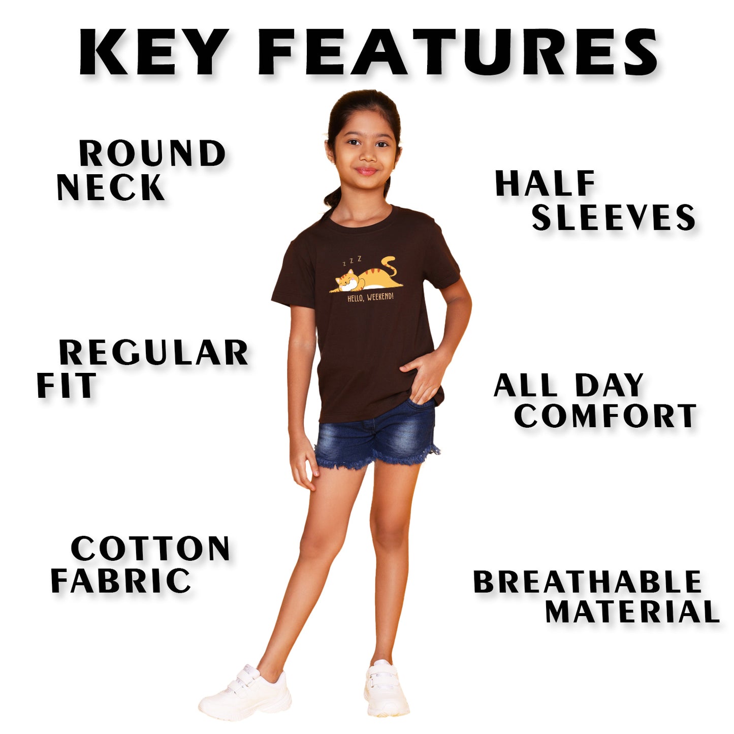 Nusyl Girl's Brown Hello Weekend & Cat Printed Regular Fit T-Shirt