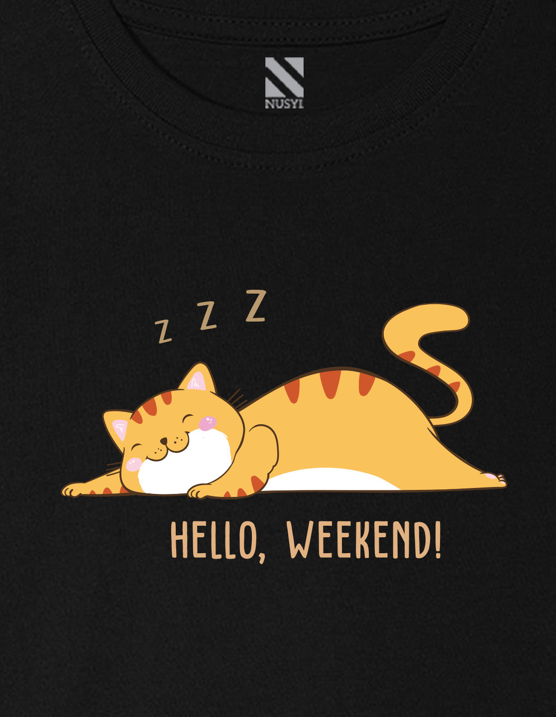 Nusyl Girl's Black Hello Weekend & Cat Printed Regular Fit T-Shirt