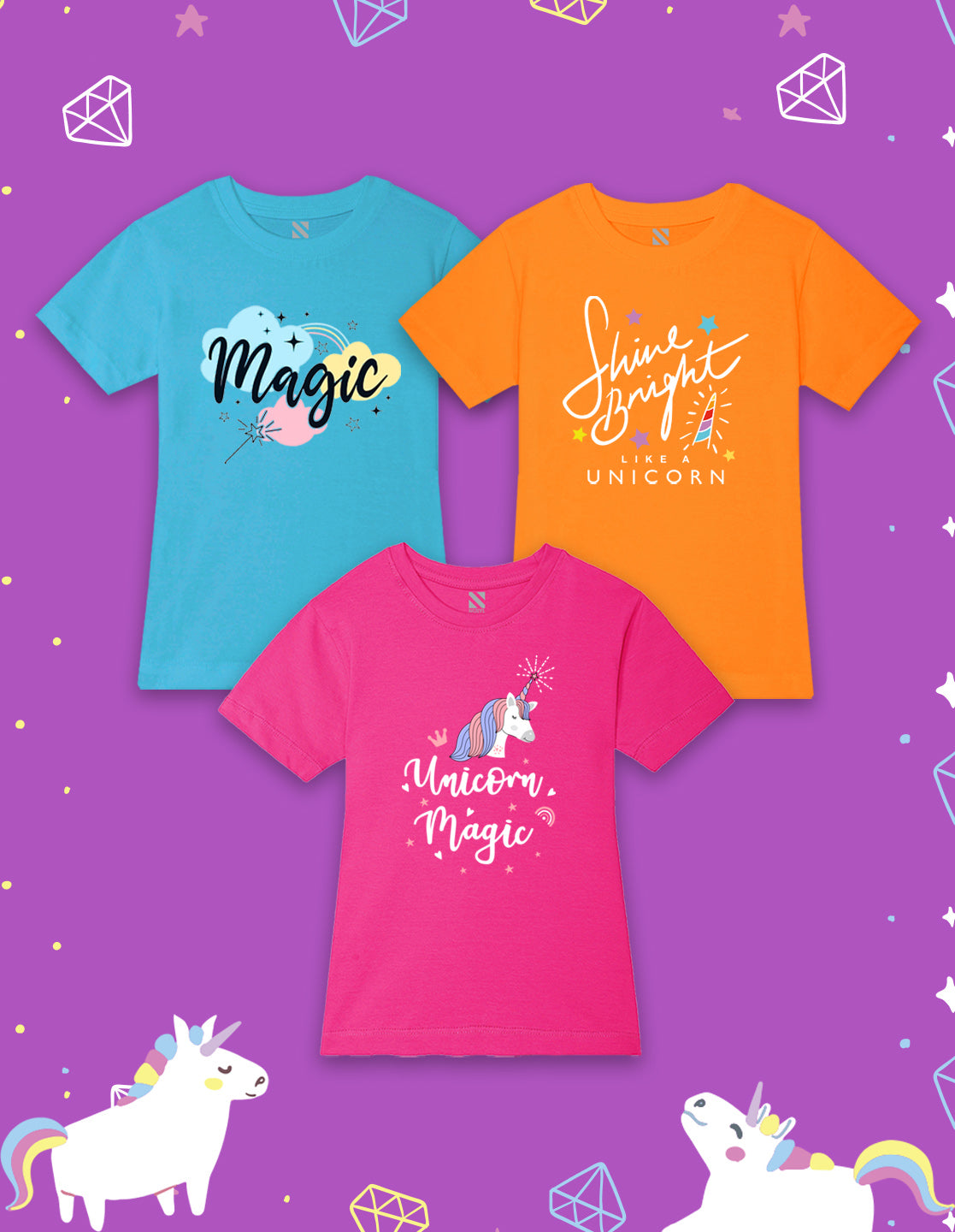 NUSYL Girls Sky Blue & Hot Pink & Orange Text Printed Half Sleeves T-Shirt Pack of 3