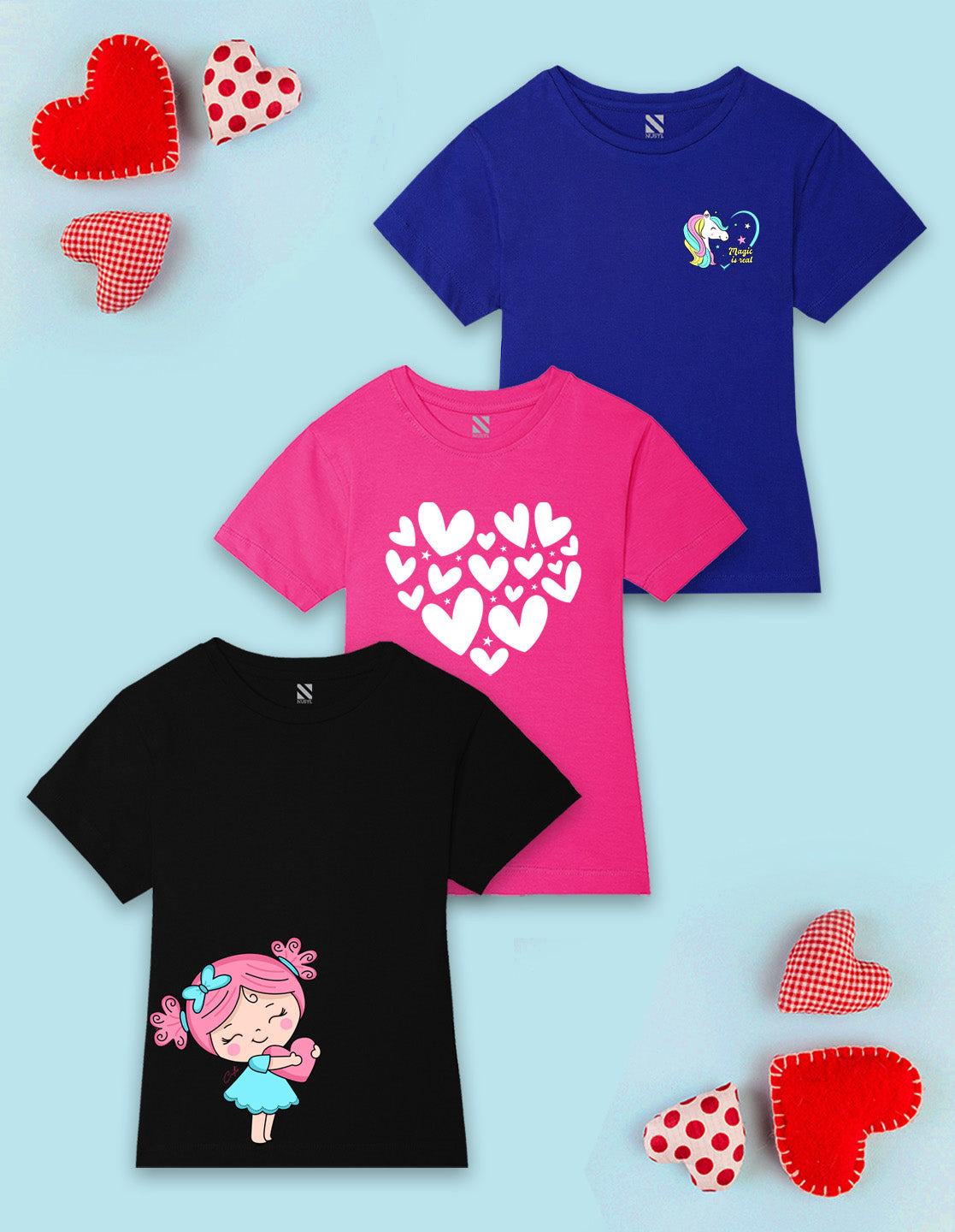 NUSYL Girls Hot Pink & Black & Royal Blue Heart Printed Half Sleeves T-Shirt Pack of 3