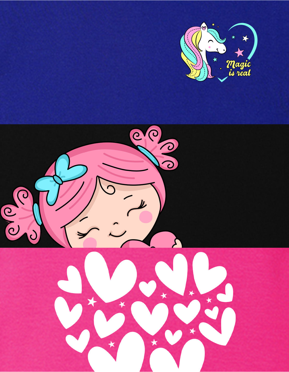 NUSYL Girls Hot Pink & Black & Royal Blue Heart Printed Half Sleeves T-Shirt Pack of 3
