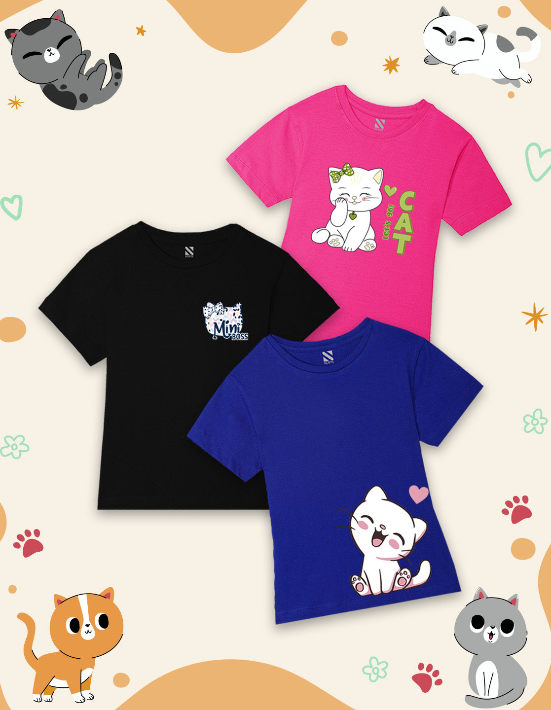 NUSYL Girls Royal Blue & Black & Hot Pink Cute Cat Printed Half Sleeves T-Shirt Pack of 3