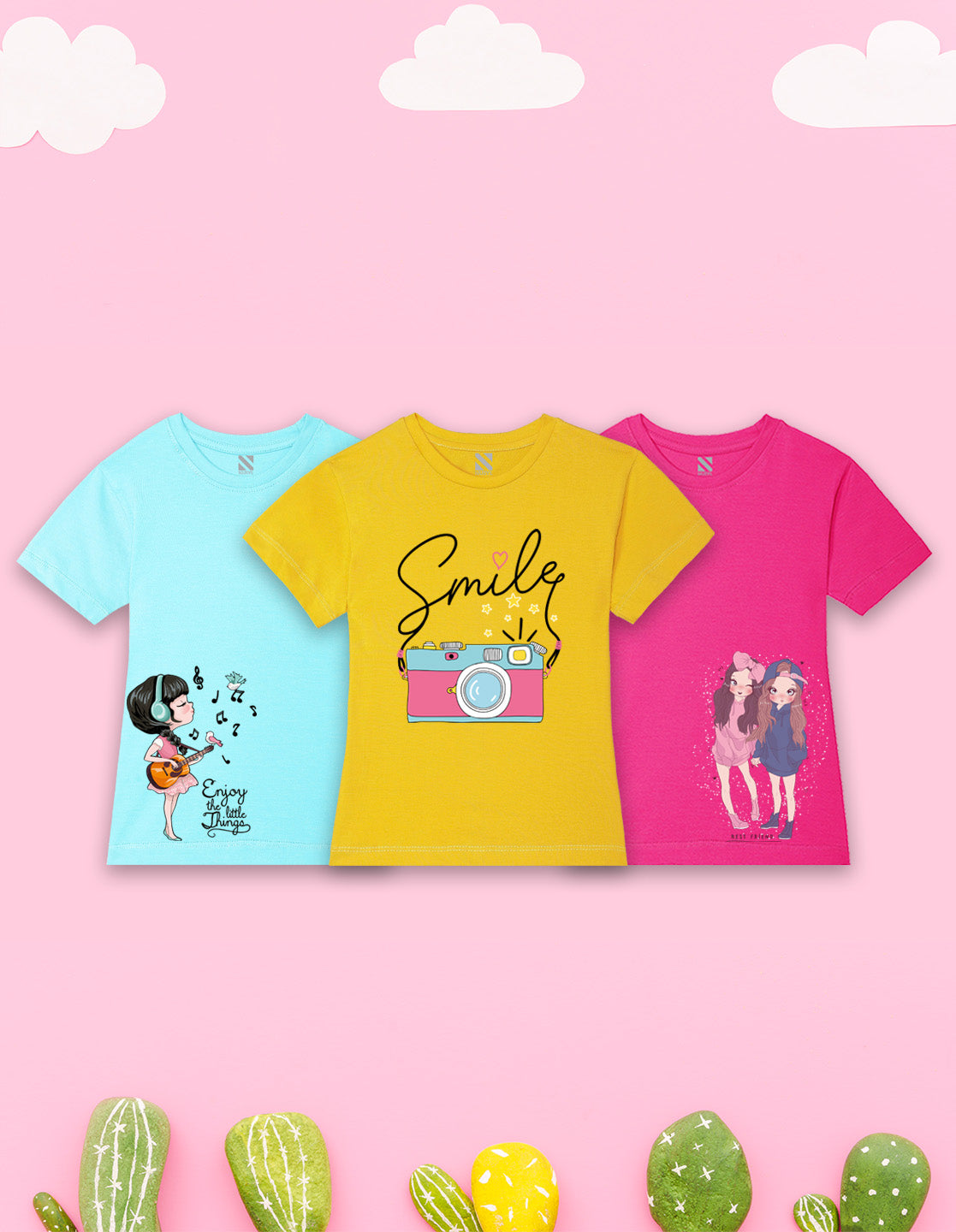 NUSYL Girls Hot Pink & Sky Blue & Yellow Cute Girls Printed Half Sleeves T-Shirt Pack of 3