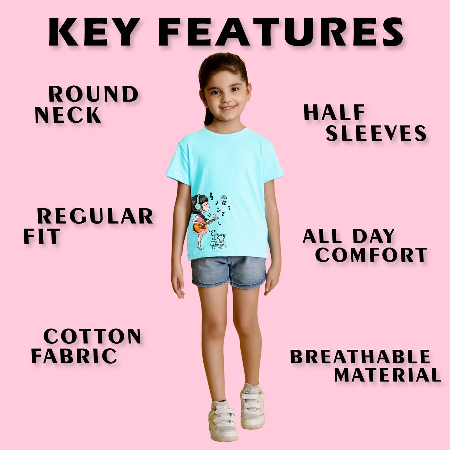 NUSYL Girls Hot Pink & Sky Blue & Yellow Cute Girls Printed Half Sleeves T-Shirt Pack of 3