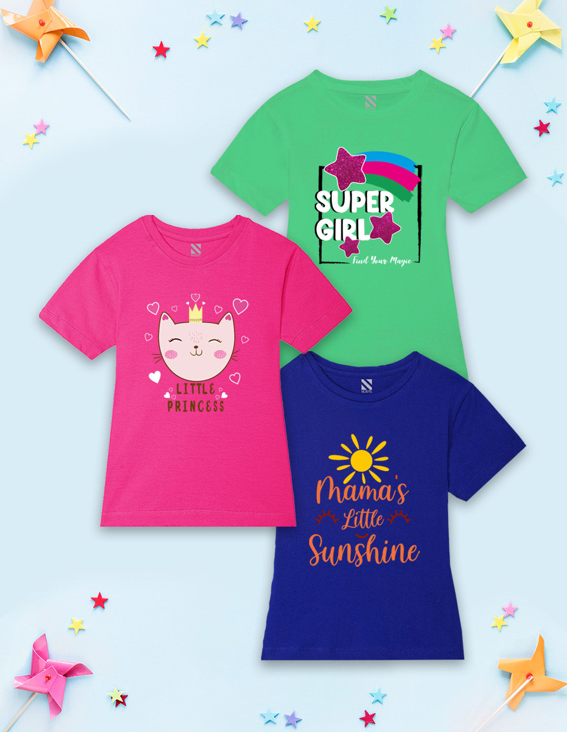 NUSYL Girls Green & Hot Pink & Royal Blue Super Girl Text Printed Half Sleeves T-Shirt Pack of 3