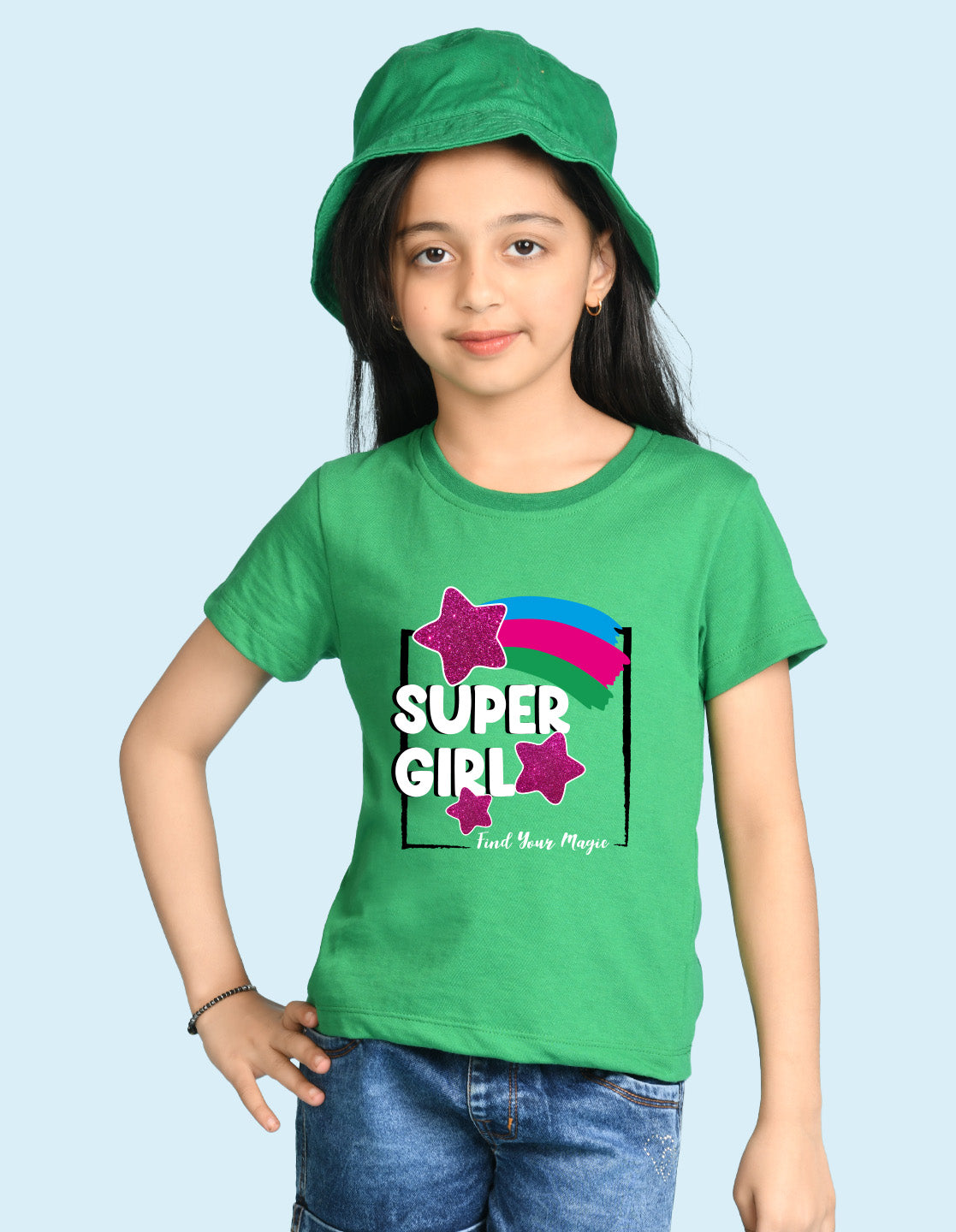 NUSYL Girls Green & Hot Pink & Royal Blue Super Girl Text Printed Half Sleeves T-Shirt Pack of 3