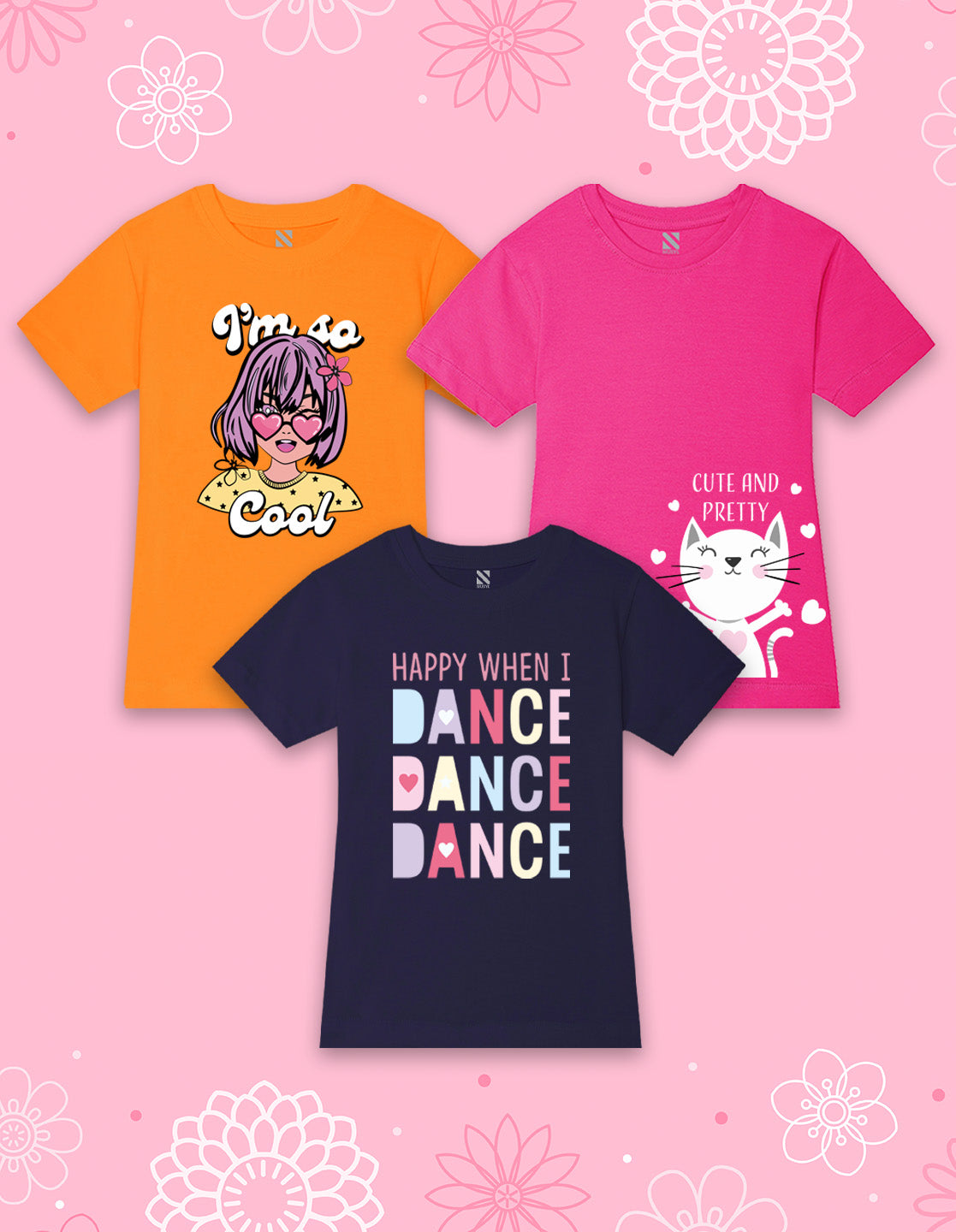NUSYL Girls Orange & Hot Pink & Navy Blue Cute And Pretty Text Printed T-Shirt Pack of 3